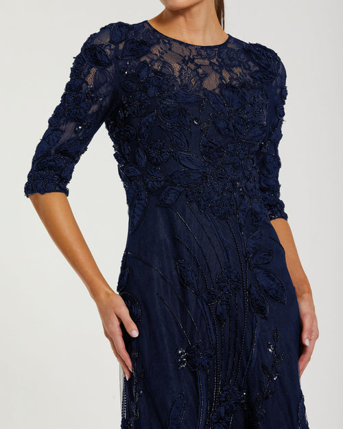 Navy 3/4 Sleeve High Neck Embroidered A Line Gown - Mac Duggal 