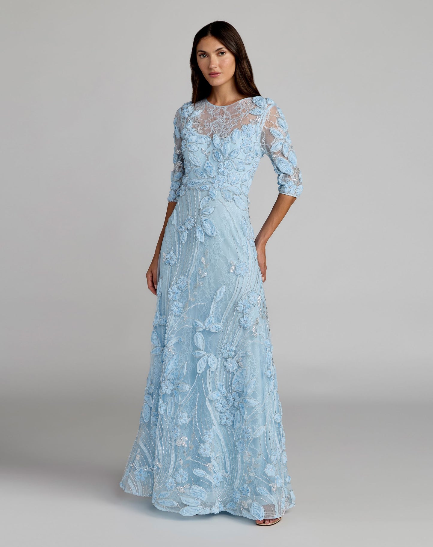 Blue High Neck Embellished Lace Gown with 3/4 Sleeves - Mac Duggal