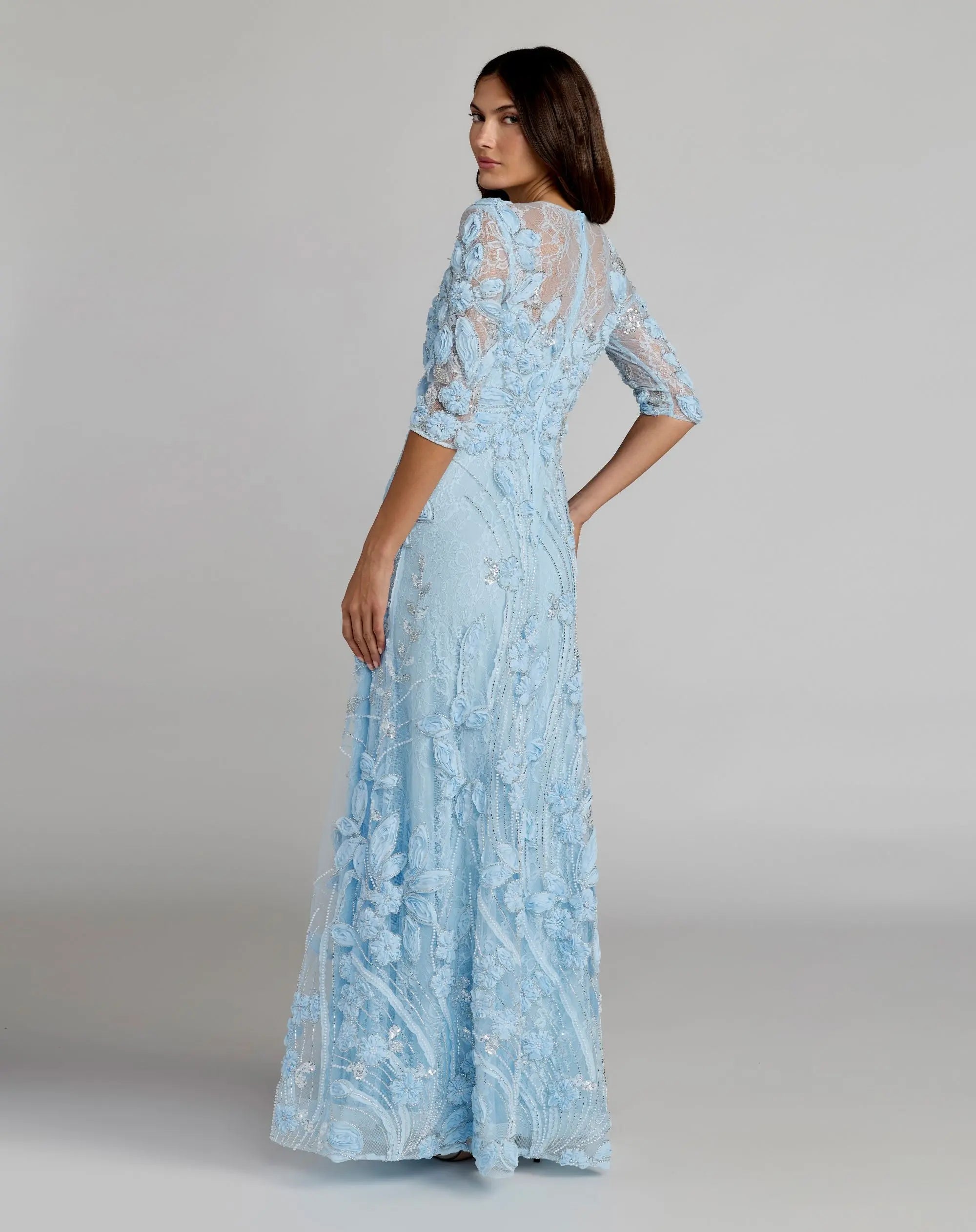 Blue High Neck Embellished Lace Gown with 3/4 Sleeves - Mac Duggal