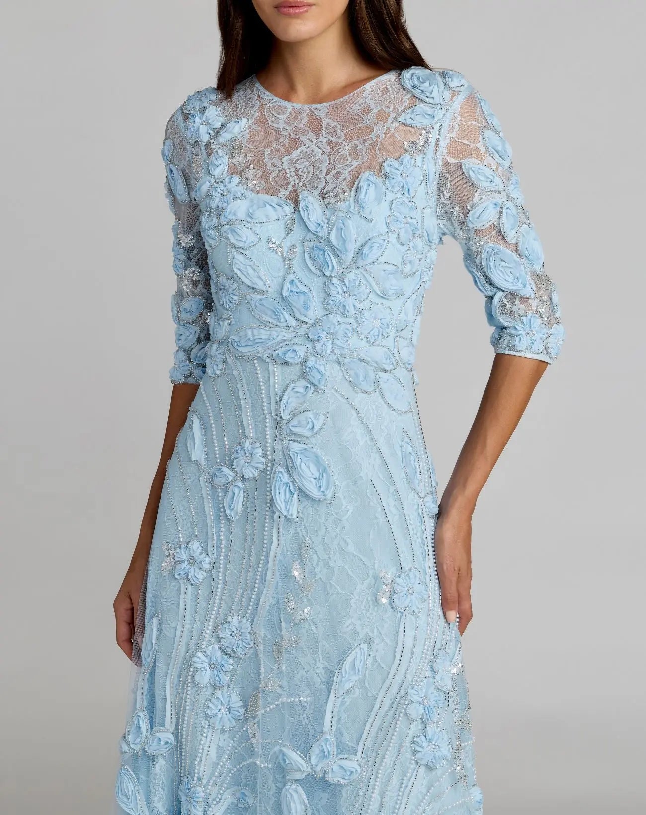 Blue High Neck Embellished Lace Gown with 3/4 Sleeves | Mac Duggal Blue High Neck Embellished Lace Gown with 3/4 Sleeves | Mac Duggal