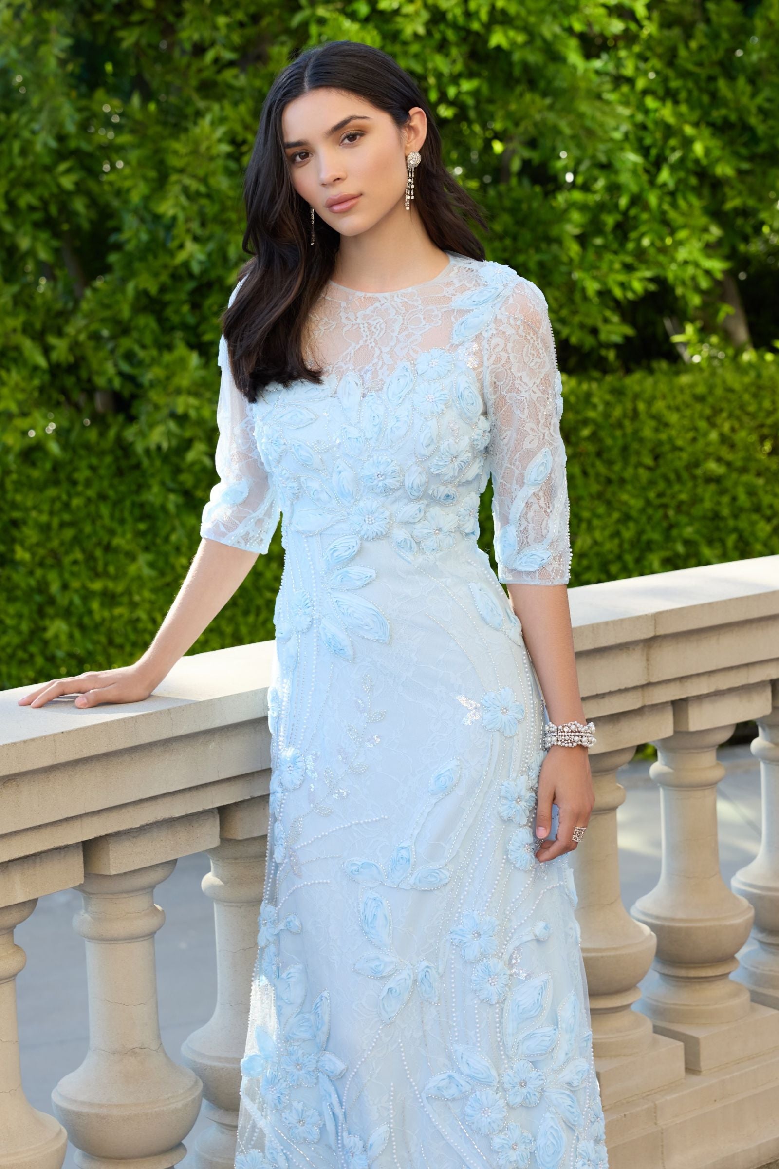Blue High Neck Embellished Lace Gown with 3/4 Sleeves Blue High Neck Embellished Lace Gown with 3/4 Sleeves