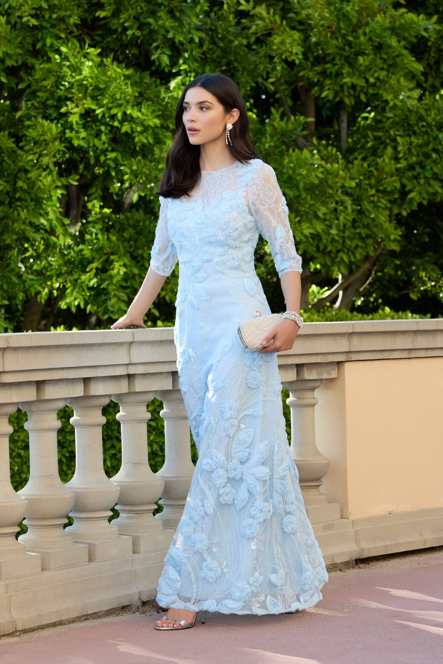Blue High Neck Embellished Lace Gown with 3/4 Sleeves