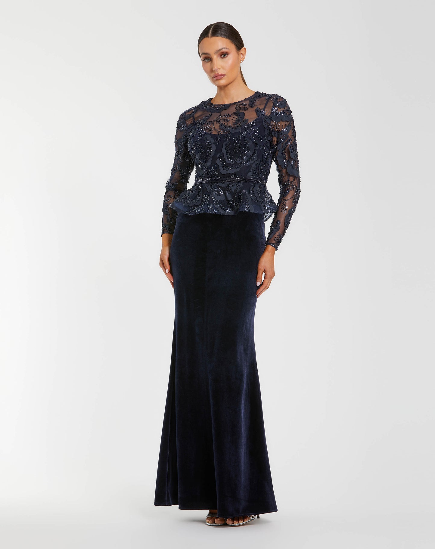 Navy Embellished Peplum Gown With Velvet Skirt Mac Duggal