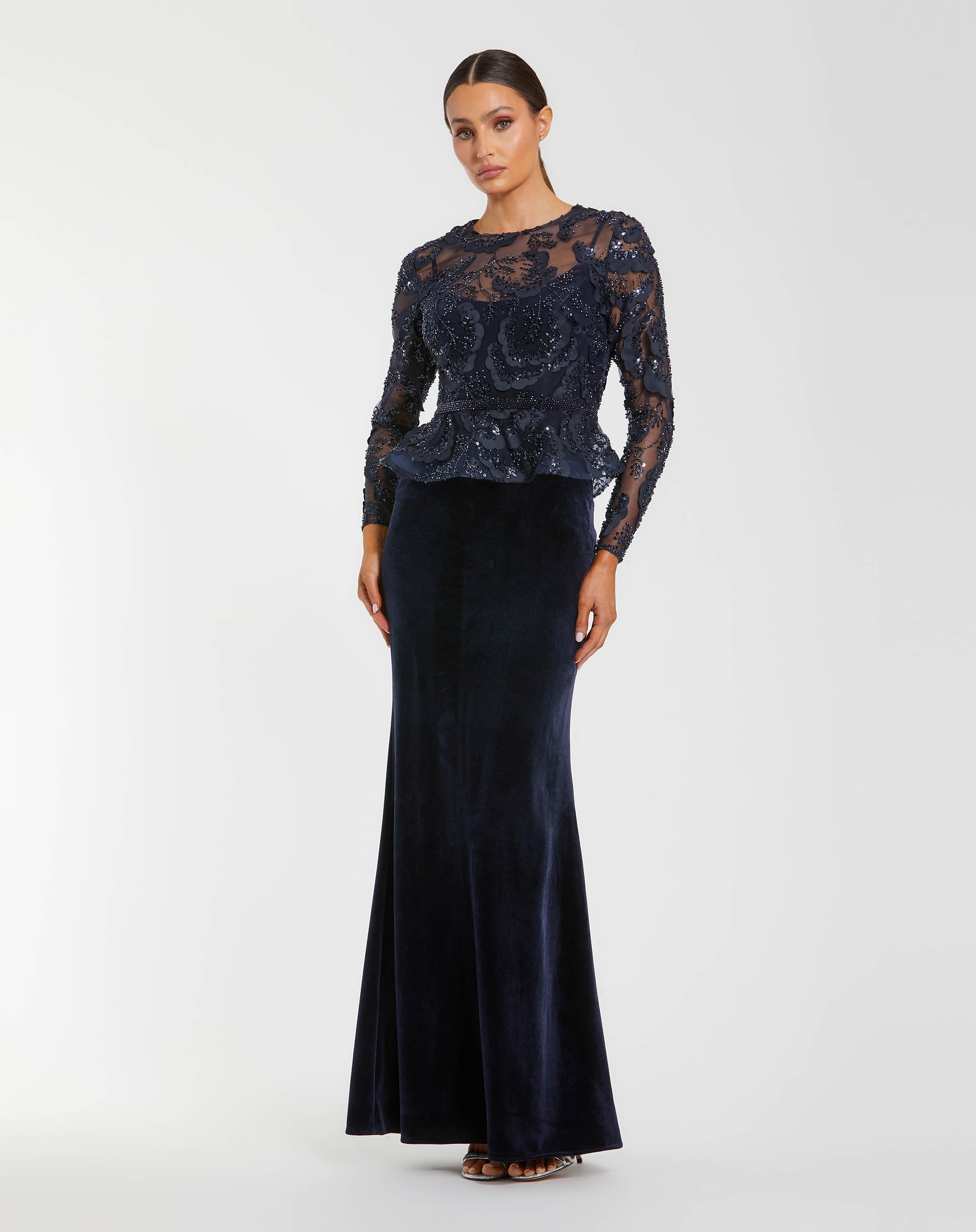Navy Embellished Peplum Gown With Velvet Skirt Mac Duggal