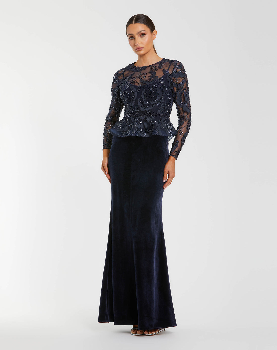 Navy Embellished Peplum Gown With Velvet Skirt Mac Duggal
