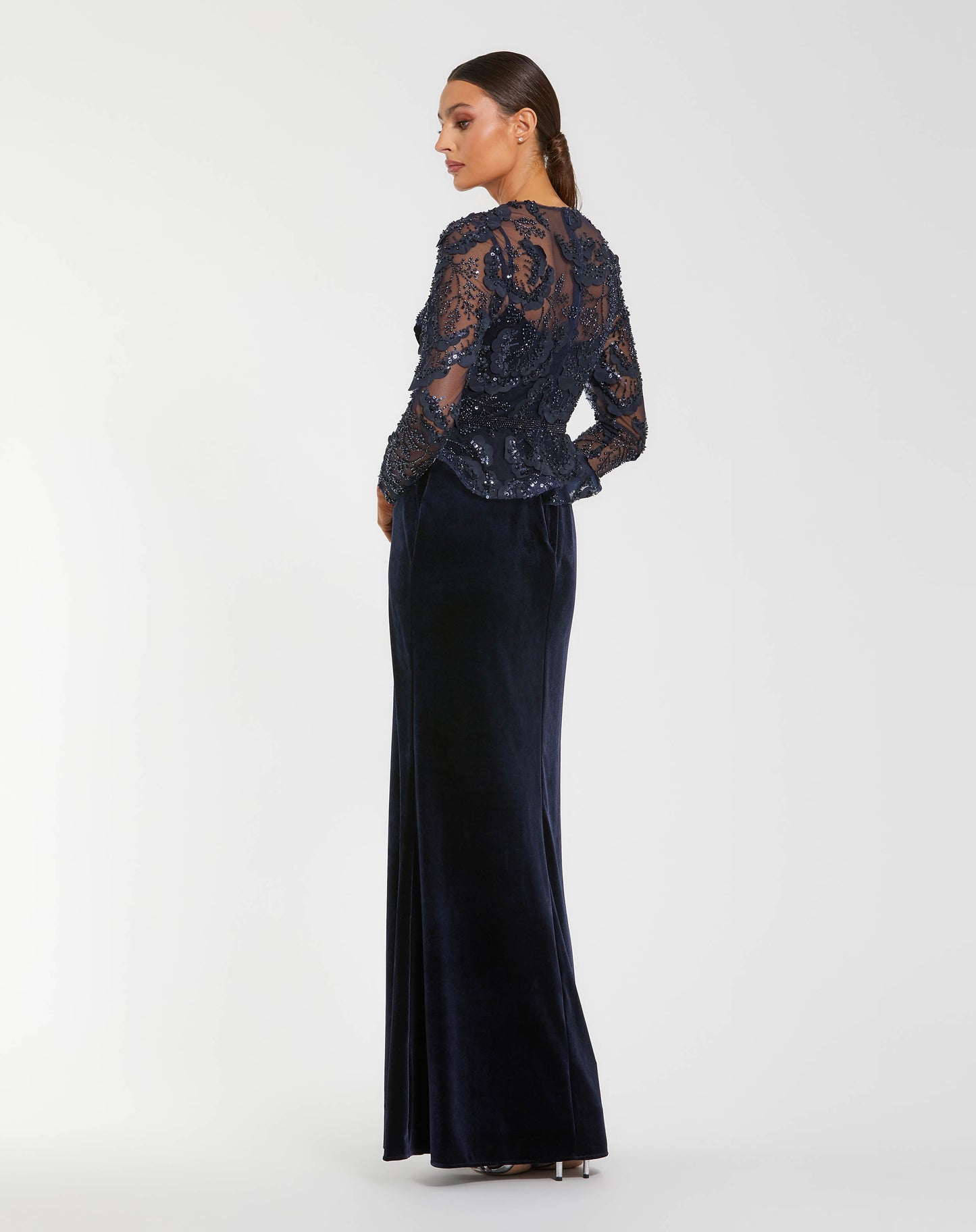 Navy Embellished Peplum Gown With Velvet Skirt Mac Duggal