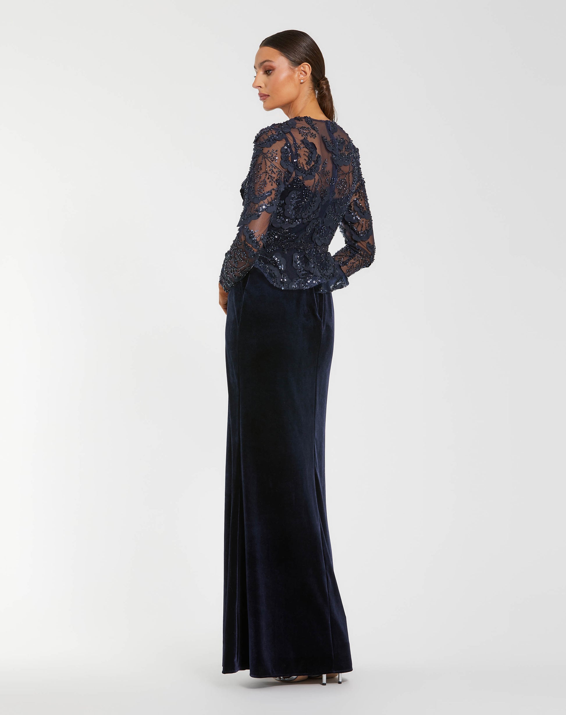 Navy Embellished Peplum Gown With Velvet Skirt Mac Duggal