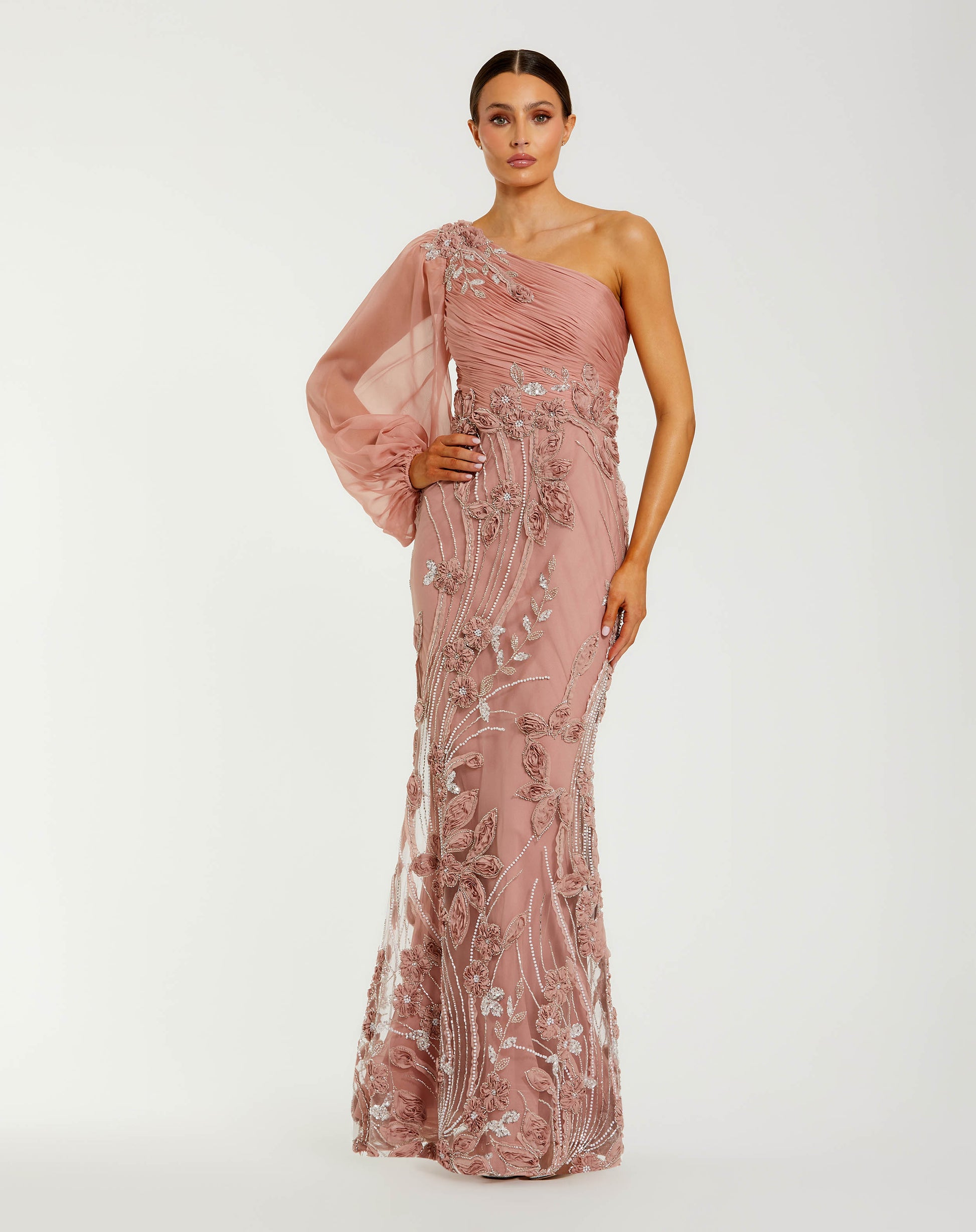 Mac Duggal Women's One-Shoulder Embroidered Chiffon Trumpet Gown - Mocha - Size 6 Mac Duggal Women's One-Shoulder Embroidered Chiffon Trumpet Gown - Mocha - Size 6