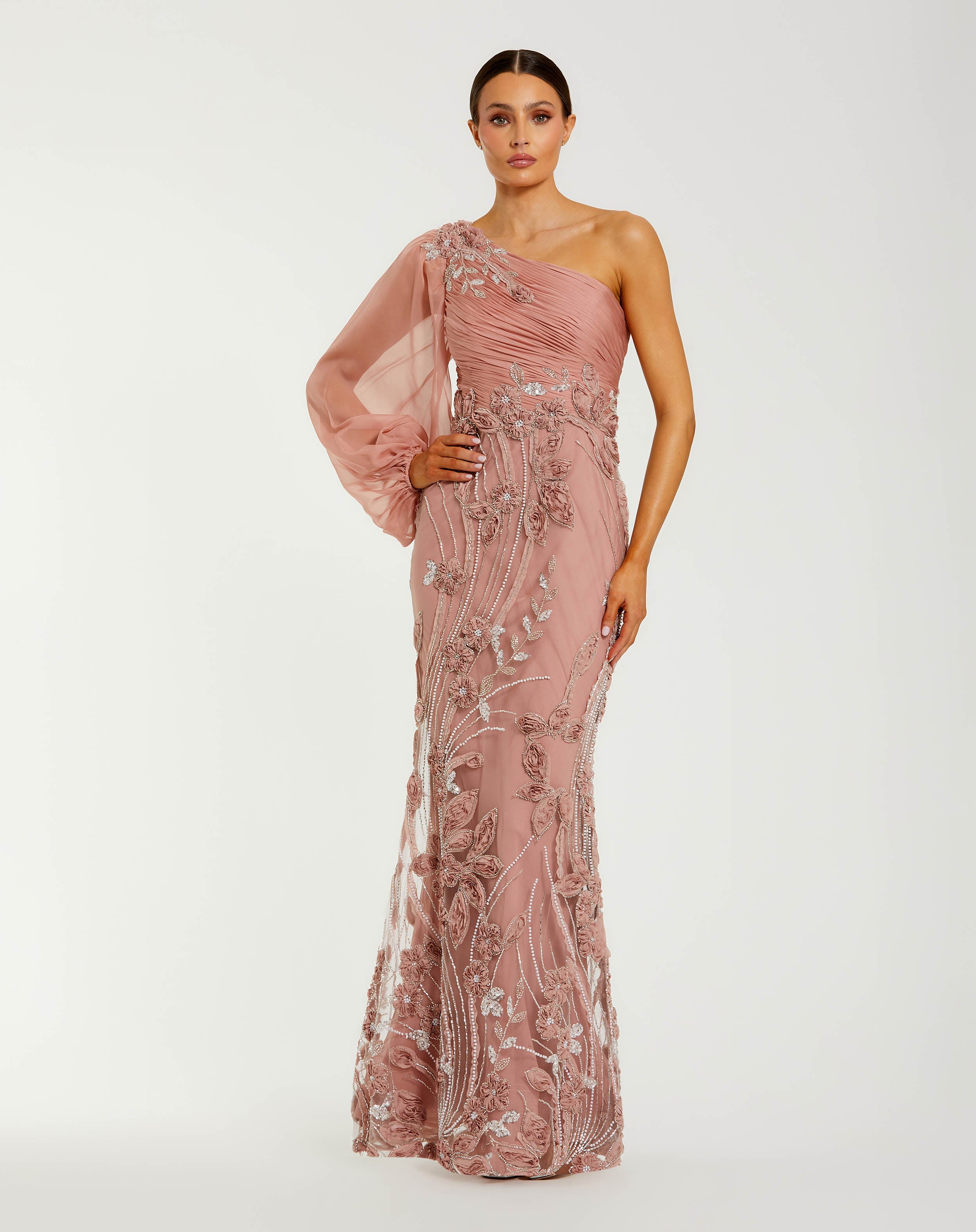 Pink One Sleeve Chiffon Embellished Gown Mac Duggal