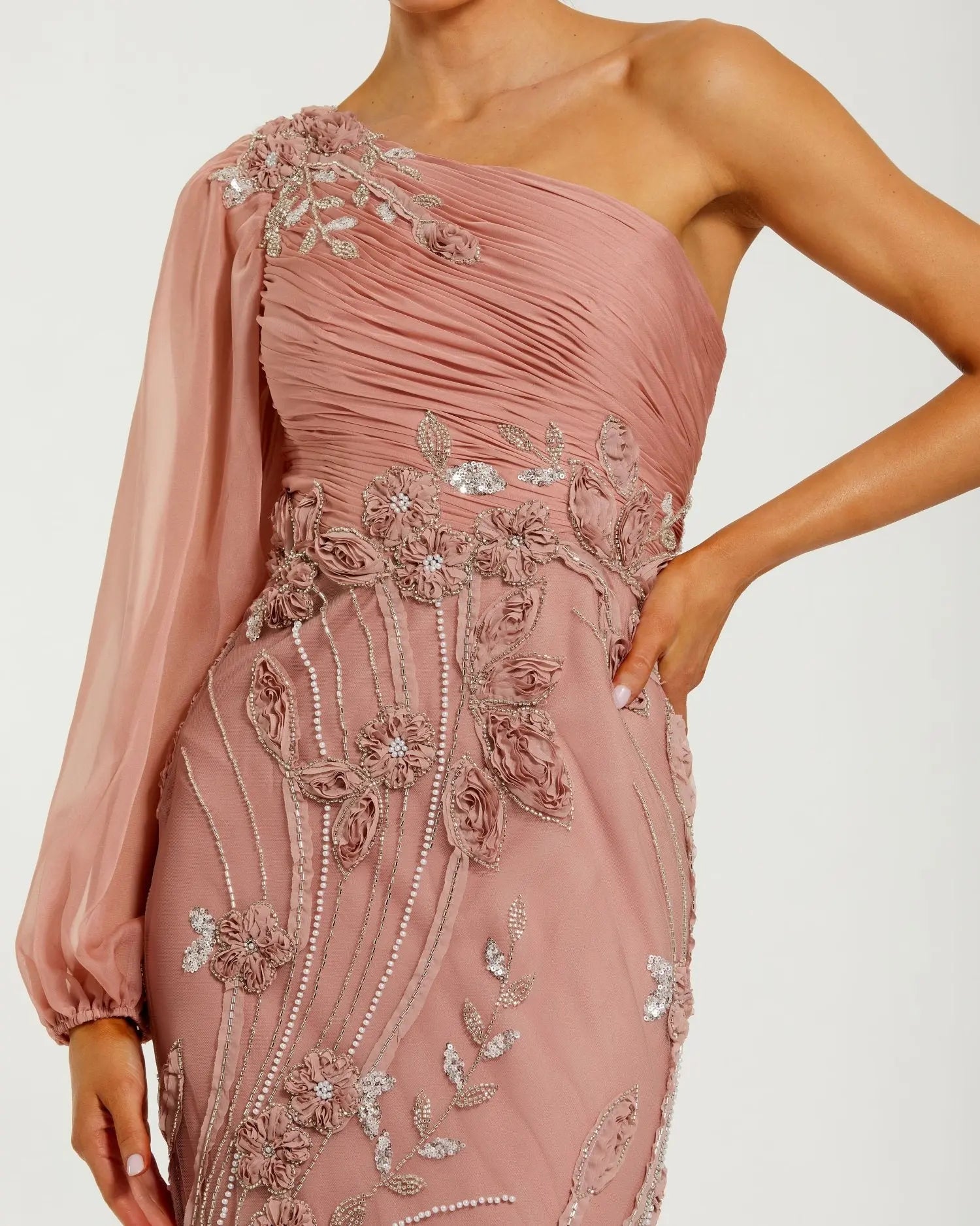 Mac Duggal Women's Chiffon Gown with Embroidered Floral Skirt - Mocha Mac Duggal Women's Chiffon Gown with Embroidered Floral Skirt - Mocha