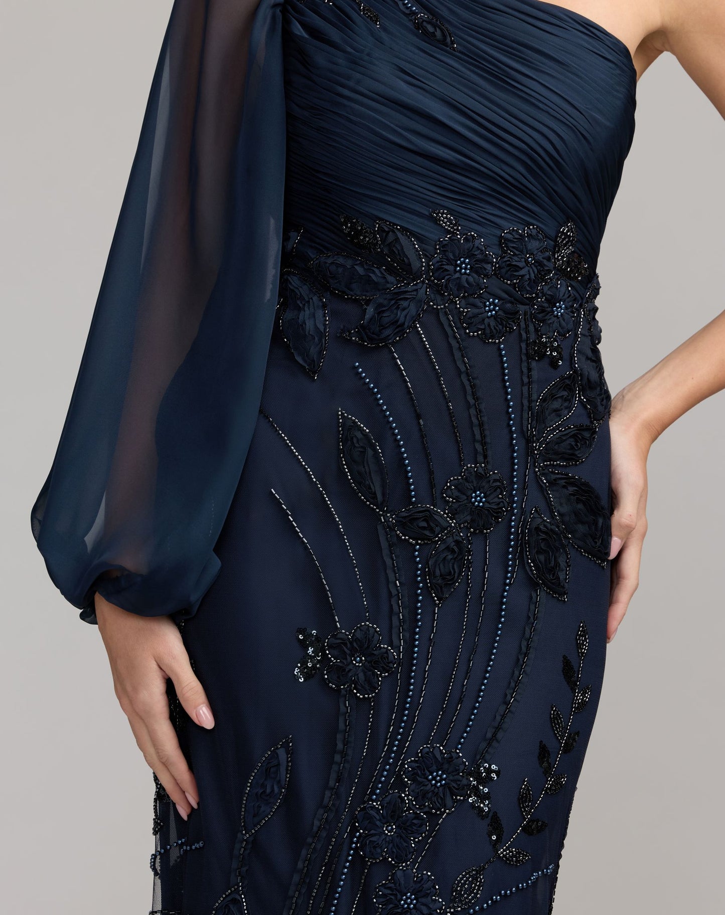 Navy One Sleeve Chiffon Embellished Gown - Mac Duggal