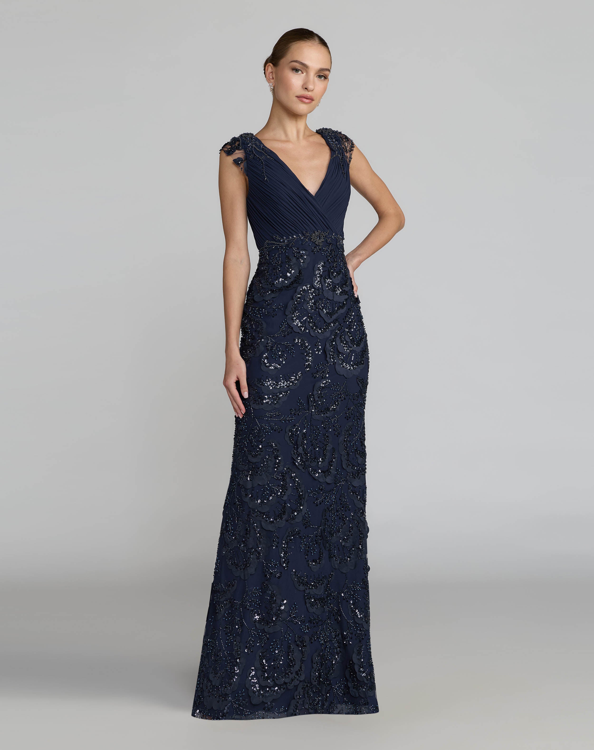 Navy Floral Beaded Chiffon V-Neck Evening Gown - Mac Duggal