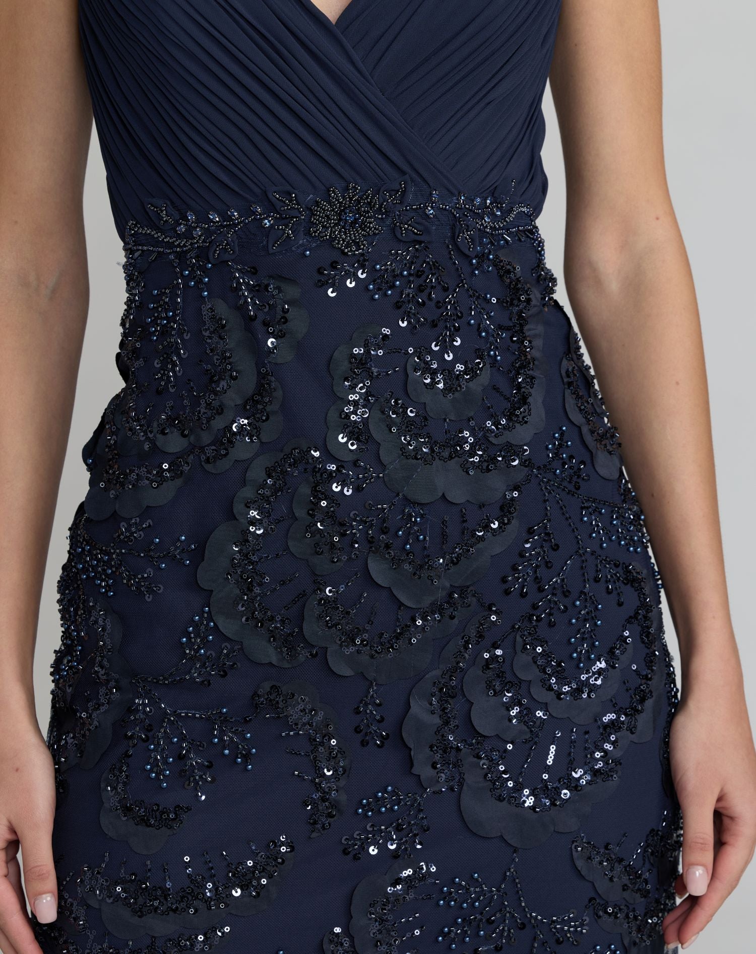 Navy Floral Beaded Chiffon V-Neck Evening Gown