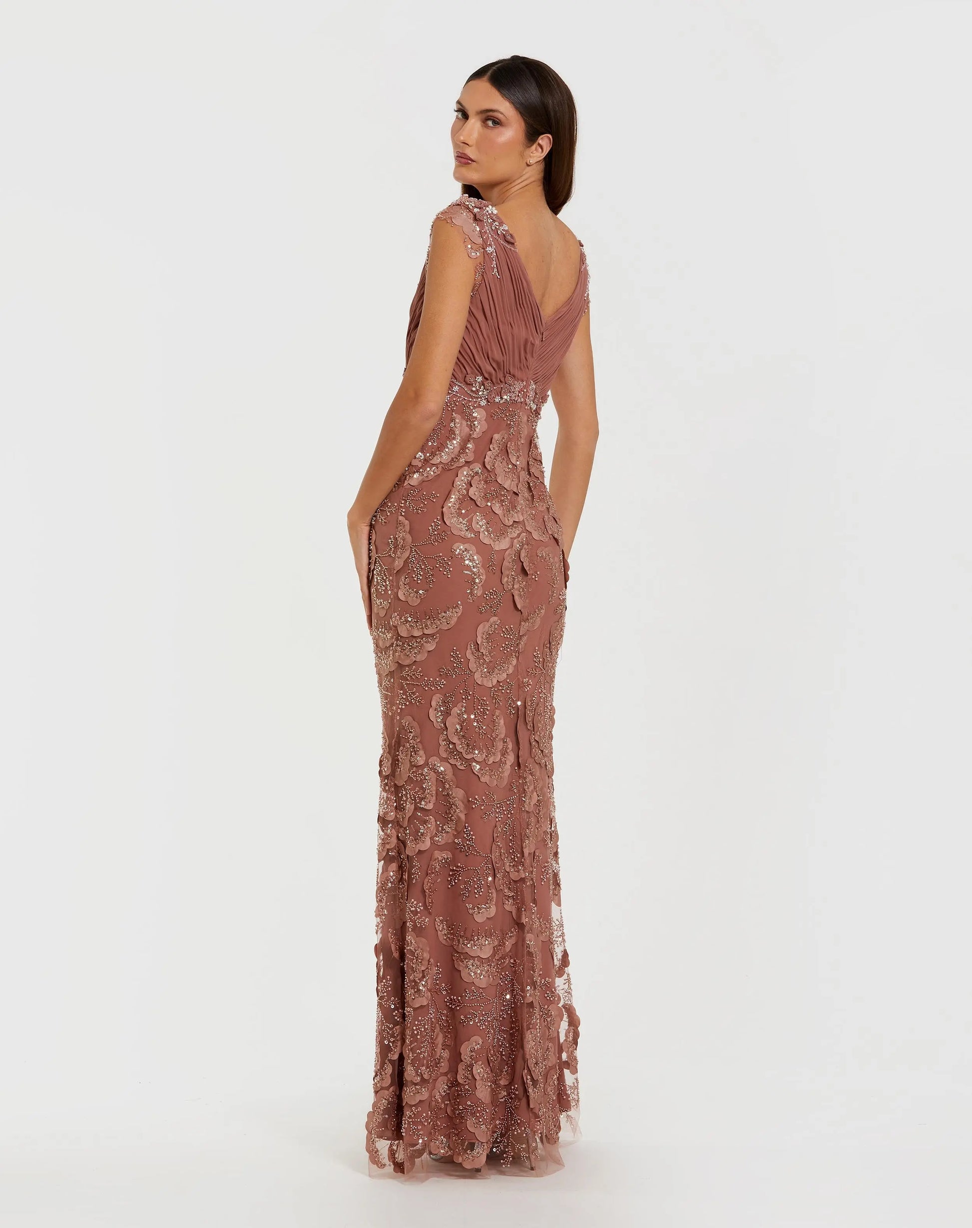 Pink Floral Beaded Chiffon V-Neck Evening Gown Pink Floral Beaded Chiffon V-Neck Evening Gown
