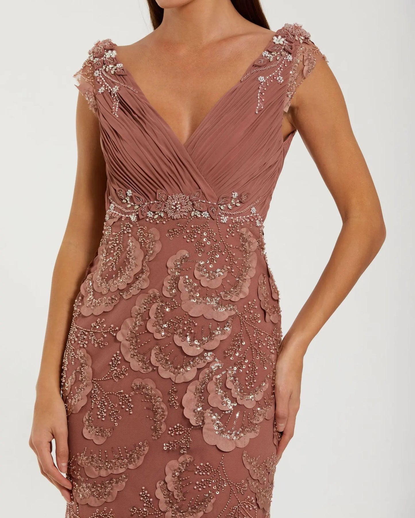 Mac Duggal Women's Floral-Beaded Chiffon V-Neck Gown - Rose - Size 10 Mac Duggal Women's Floral-Beaded Chiffon V-Neck Gown - Rose - Size 10