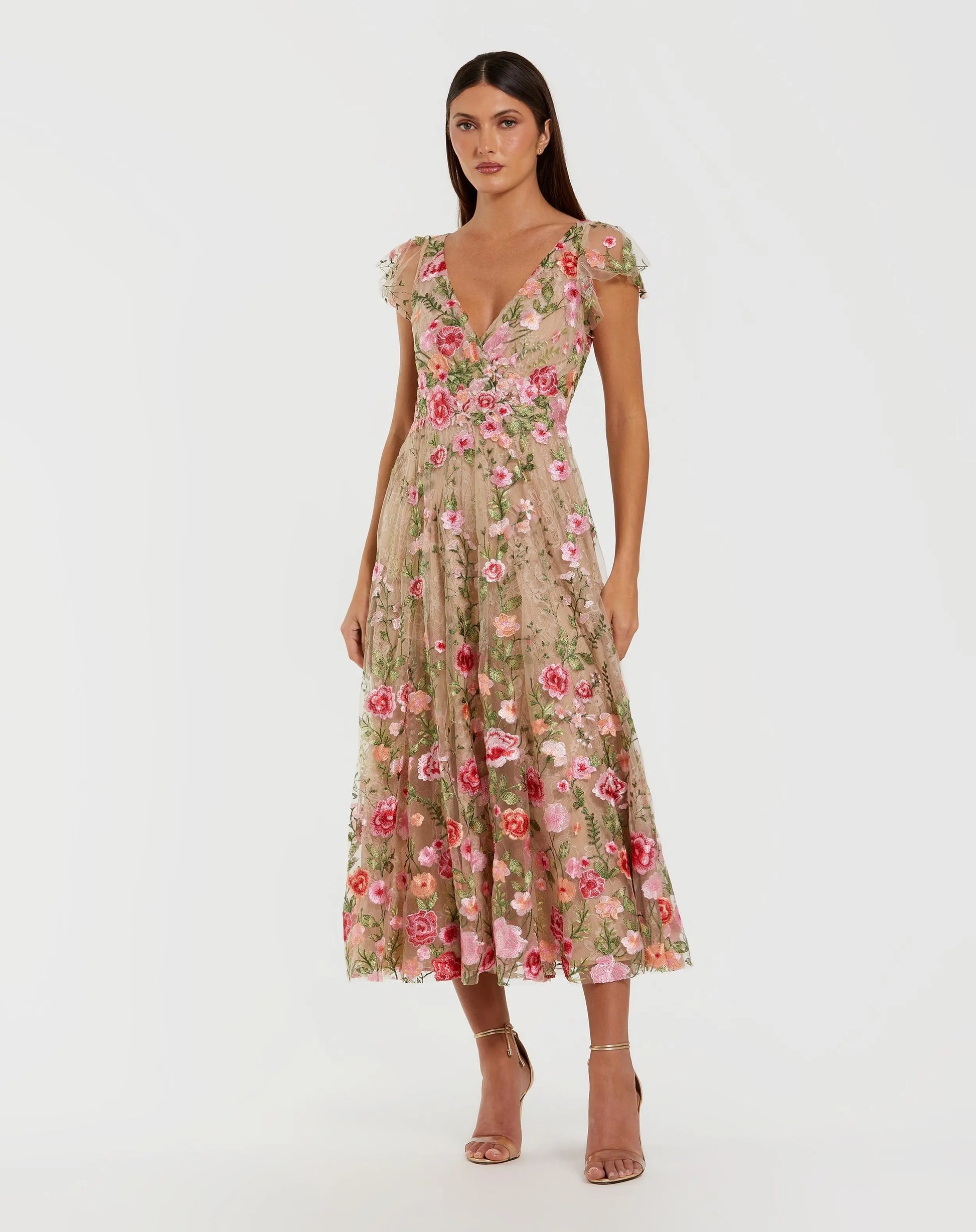 Beige Floral Embroidered Flutter Sleeve Midi Dress Beige Floral Embroidered Flutter Sleeve Midi Dress