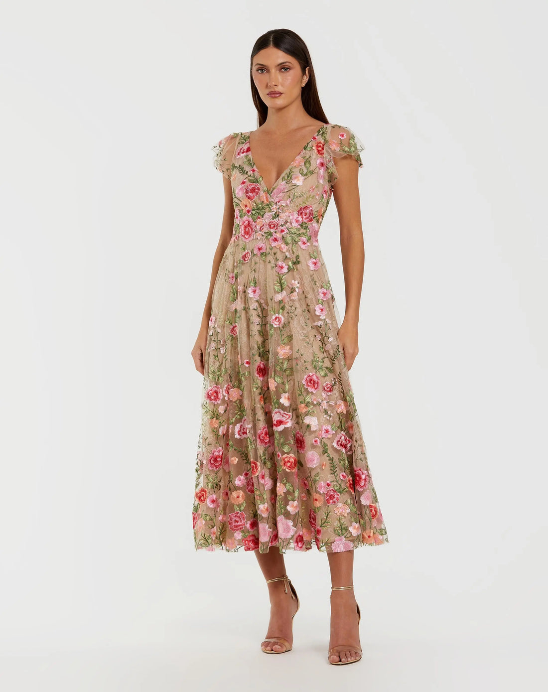 Beige Floral Embroidered Flutter Sleeve Midi Dress Beige Floral Embroidered Flutter Sleeve Midi Dress