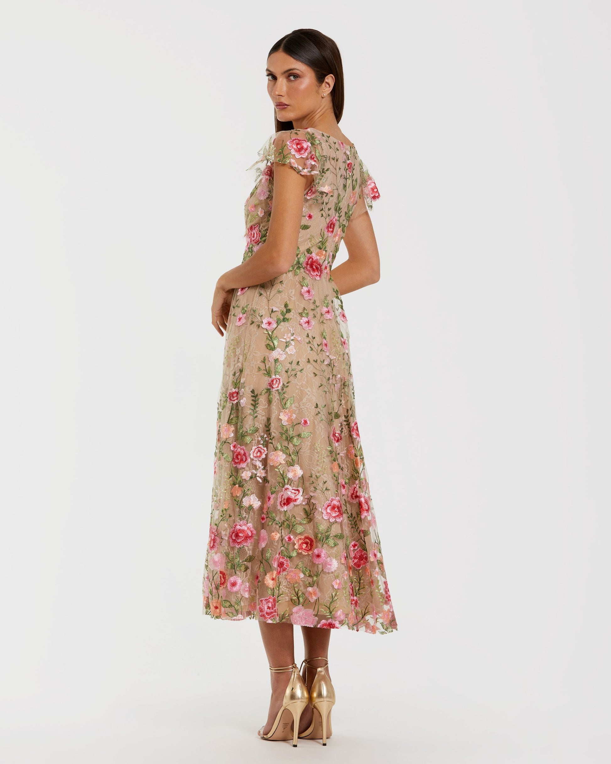 Beige Floral Embroidered Flutter Sleeve Midi Dress Mac Duggal