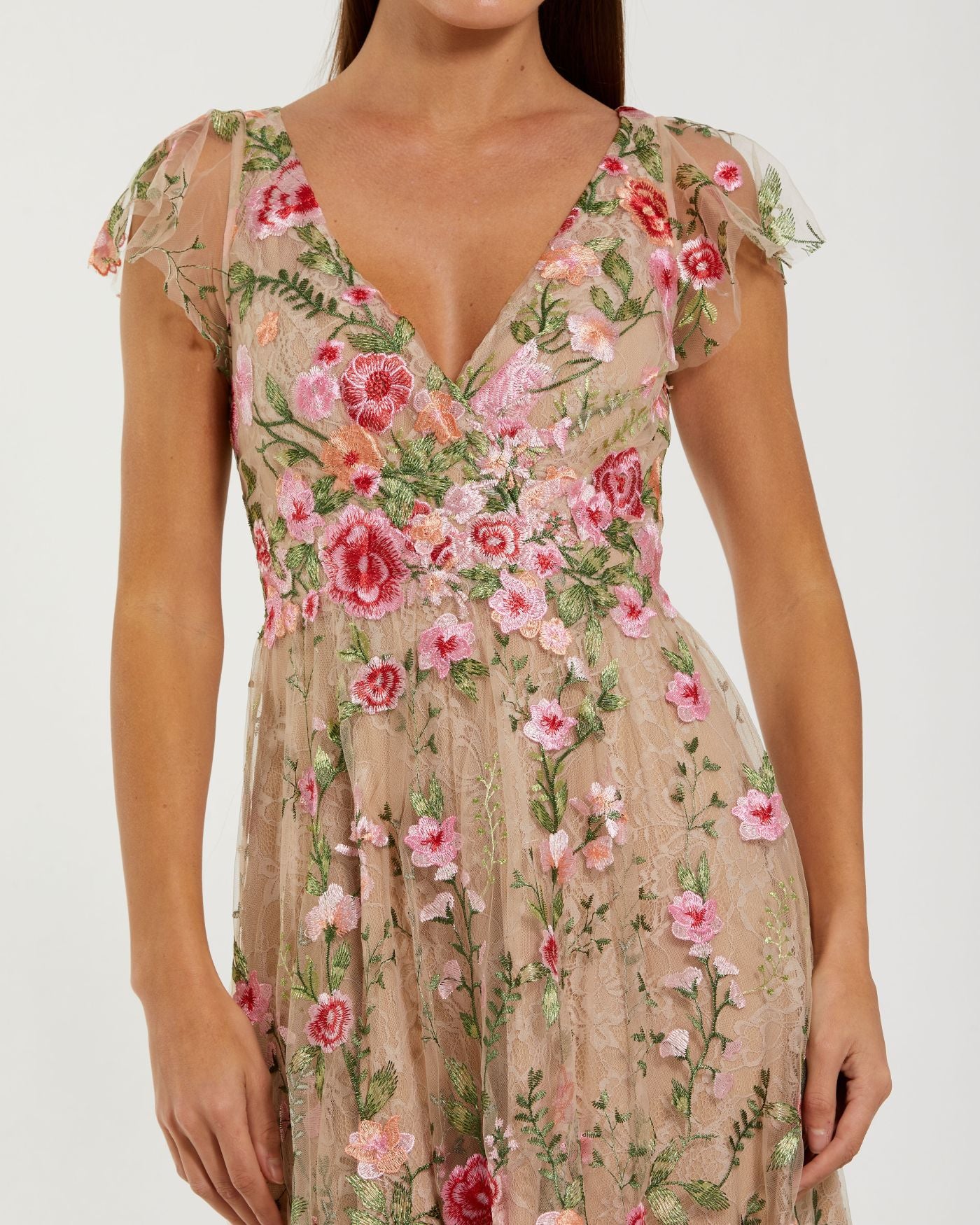 Beige Floral Embroidered Flutter Sleeve Midi Dress Mac Duggal