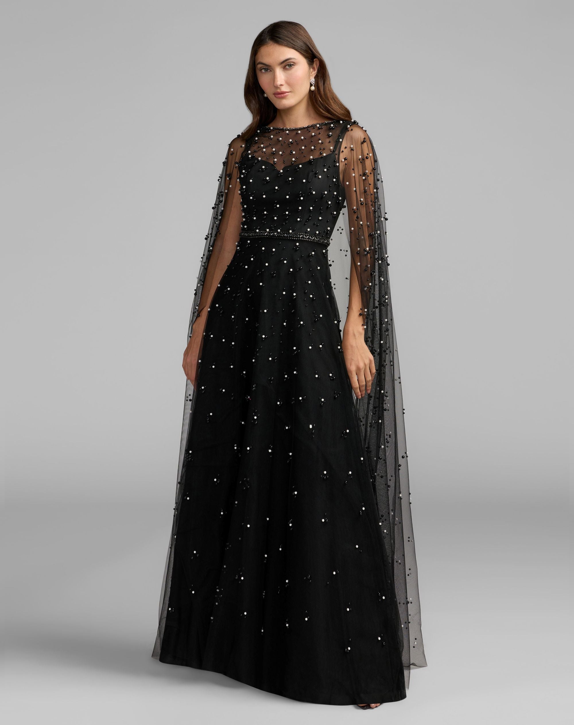 Black Pearl Embellished Tulle A-Line Gown With Cape - Mac Duggal