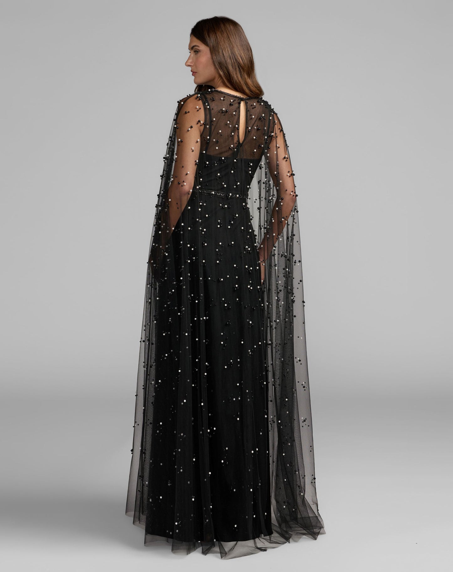 Black Pearl Embellished Tulle A-Line Gown With Cape - Mac Duggal