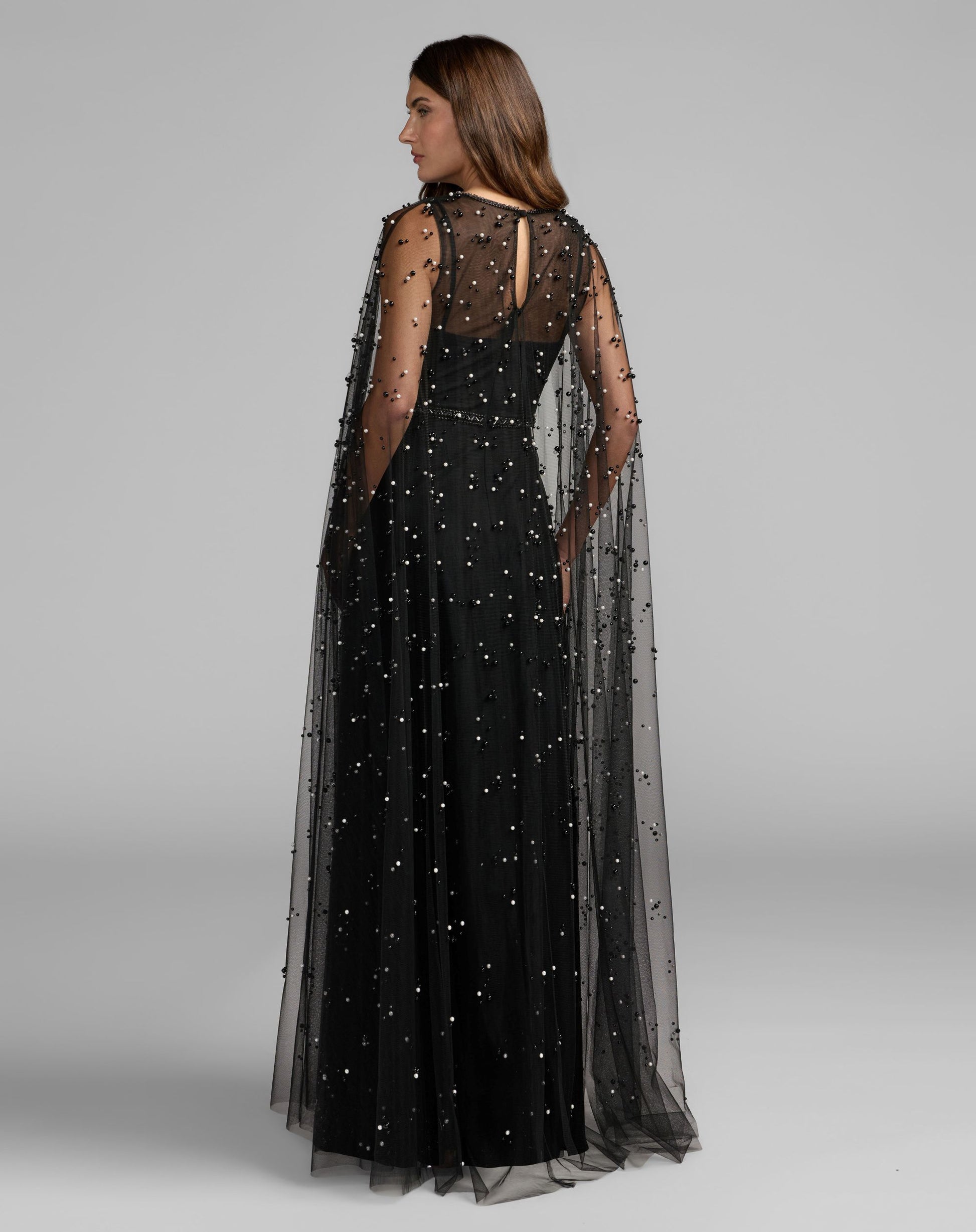 Black Pearl Embellished Tulle A-Line Gown With Cape - Mac Duggal