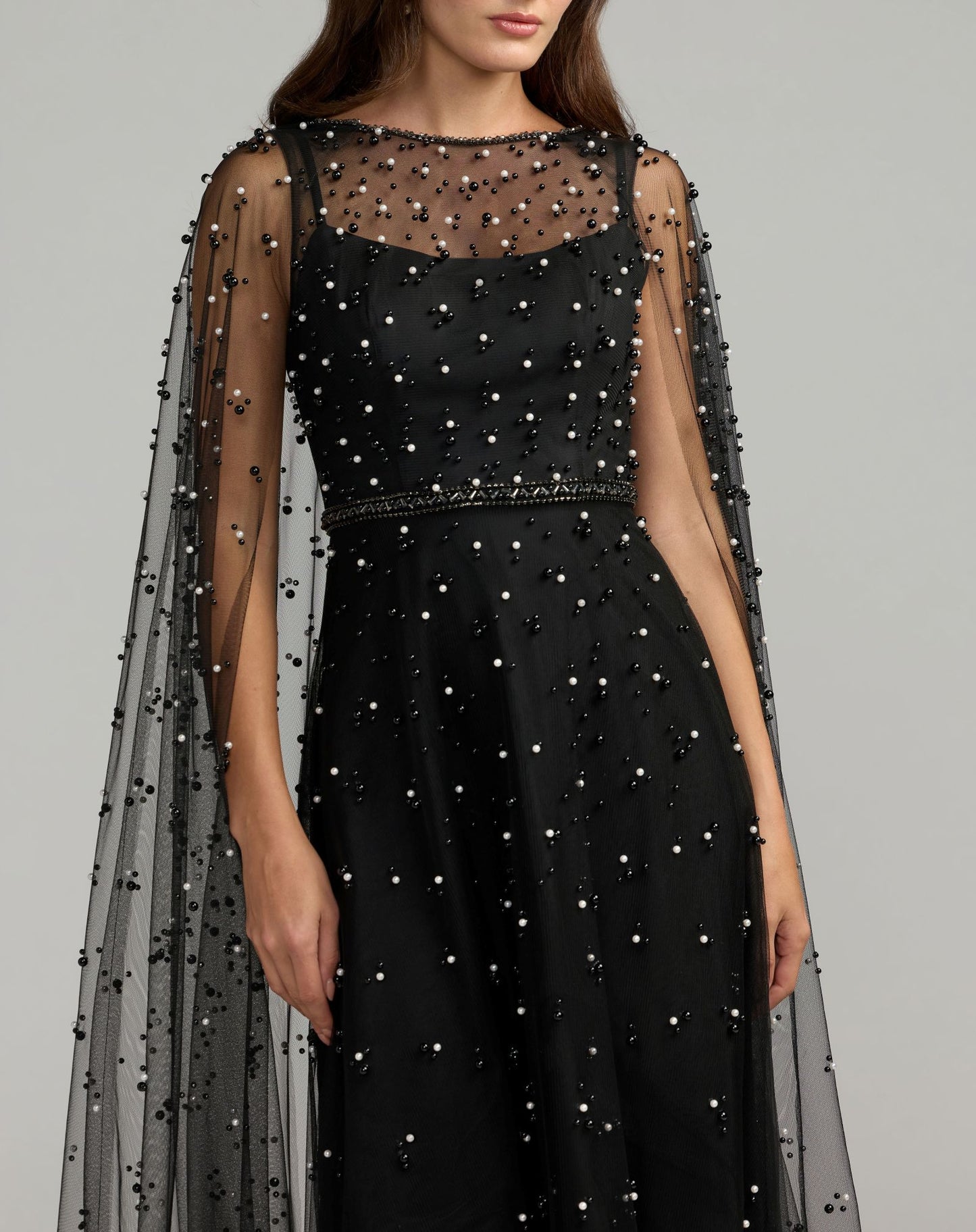 Black Pearl Embellished Tulle A-Line Gown With Cape - Mac Duggal