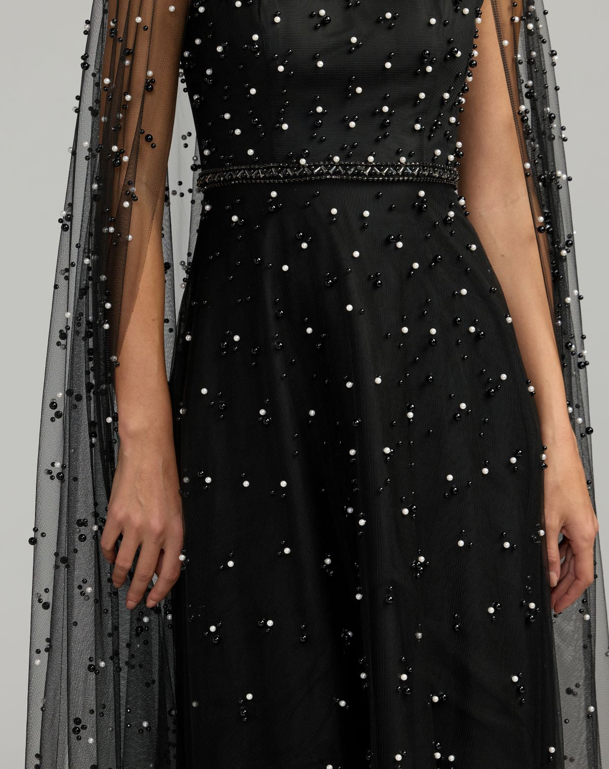 Black Pearl Embellished Tulle A-Line Gown With Cape - Mac Duggal