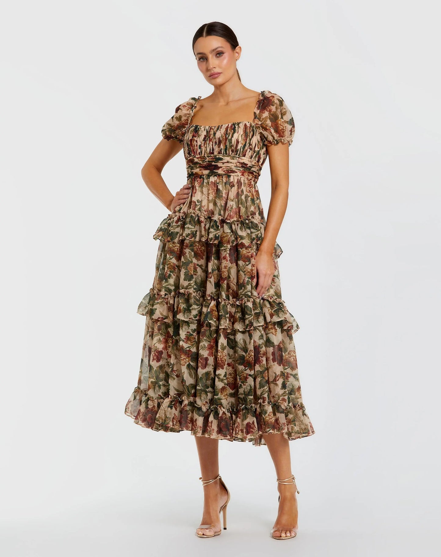 Beige Chiffon Ruffle A Line Midi Dress with Puff Sleeves - Mac Duggal