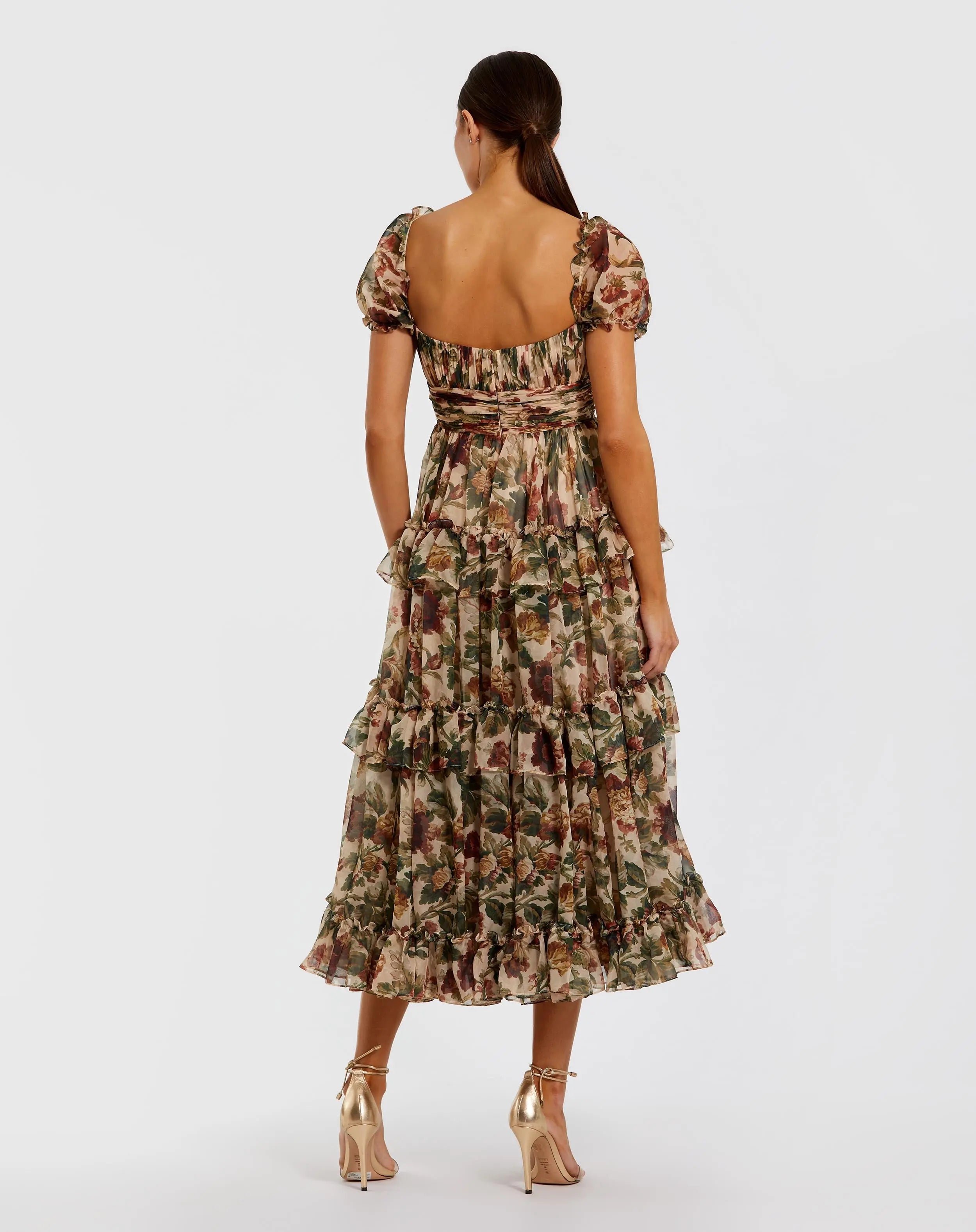 Beige Chiffon Ruffle A Line Midi Dress with Puff Sleeves - Mac Duggal