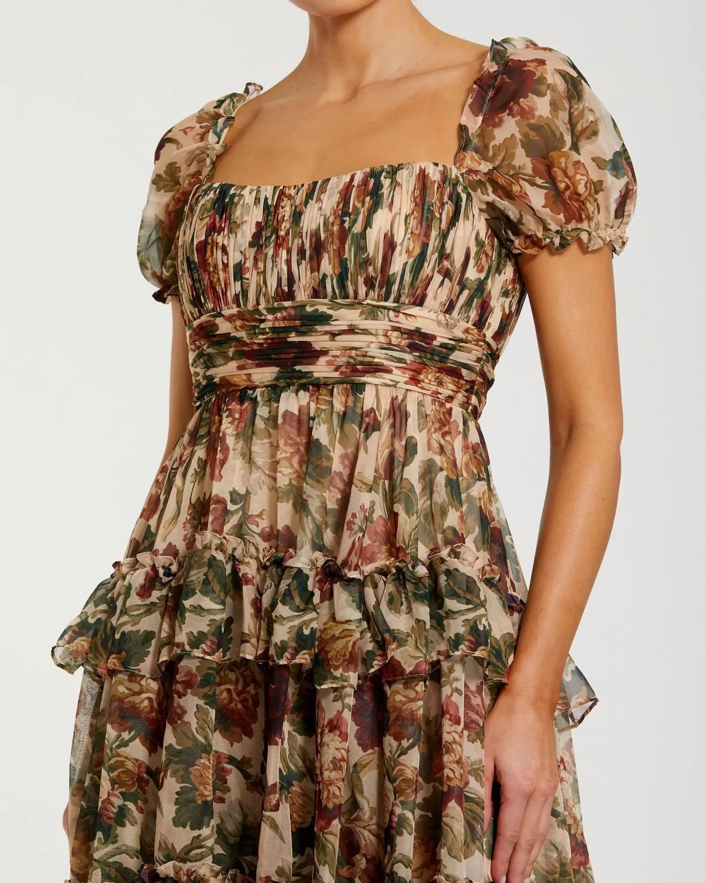 Beige Chiffon Ruffle A Line Midi Dress with Puff Sleeves - Mac Duggal