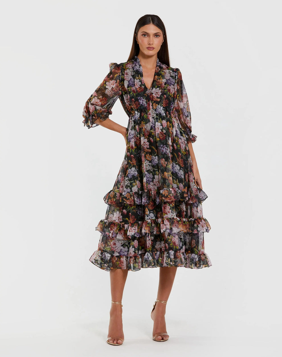 Black Floral Chiffon Ruffle Midi Dress with 3/4 Sleeves | Mac Duggal