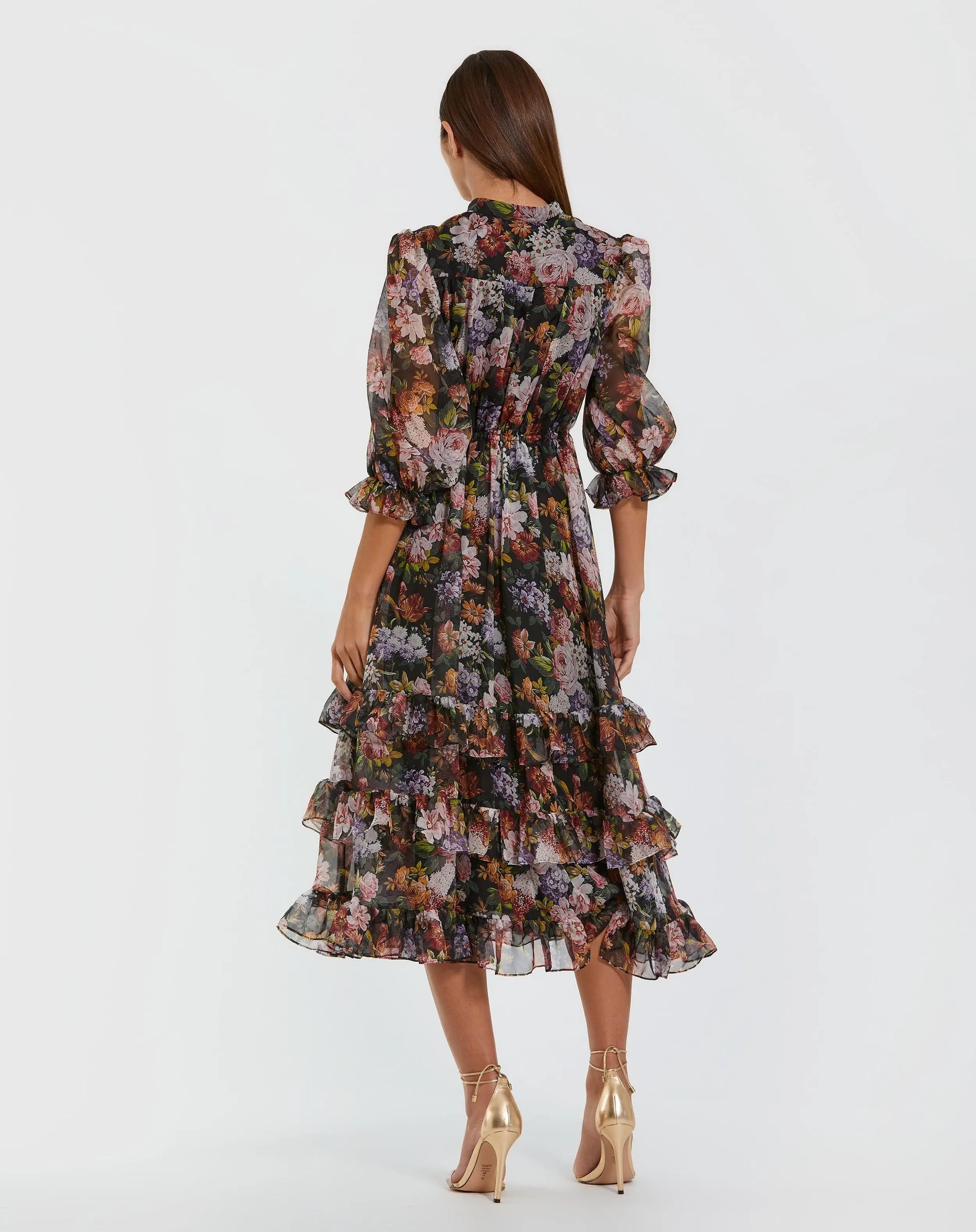 Black Floral Chiffon Ruffle Midi Dress with 3/4 Sleeves | Mac Duggal Black Floral Chiffon Ruffle Midi Dress with 3/4 Sleeves | Mac Duggal