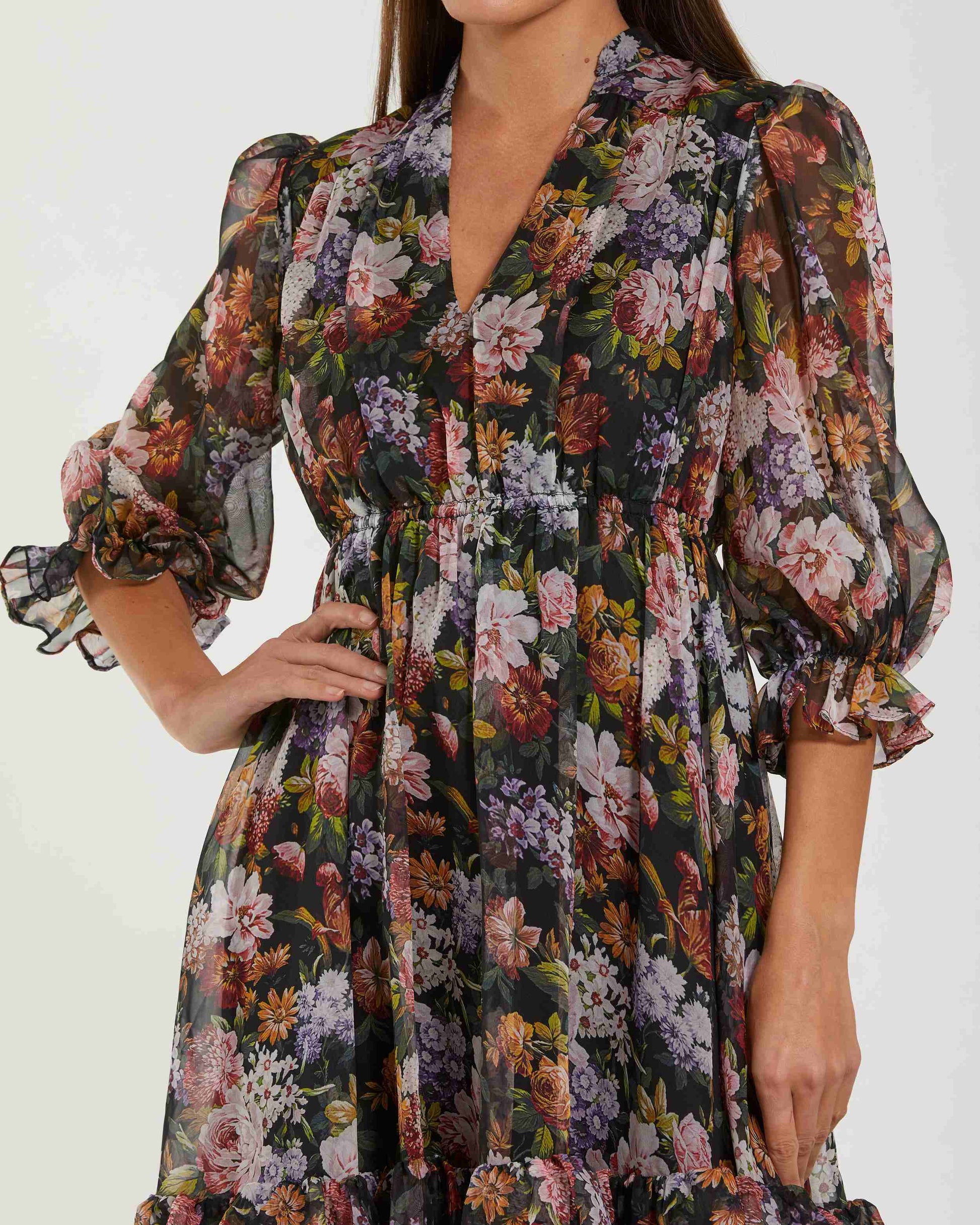 Black Floral Chiffon Ruffle Midi Dress with 3/4 Sleeves | Mac Duggal Black Floral Chiffon Ruffle Midi Dress with 3/4 Sleeves | Mac Duggal