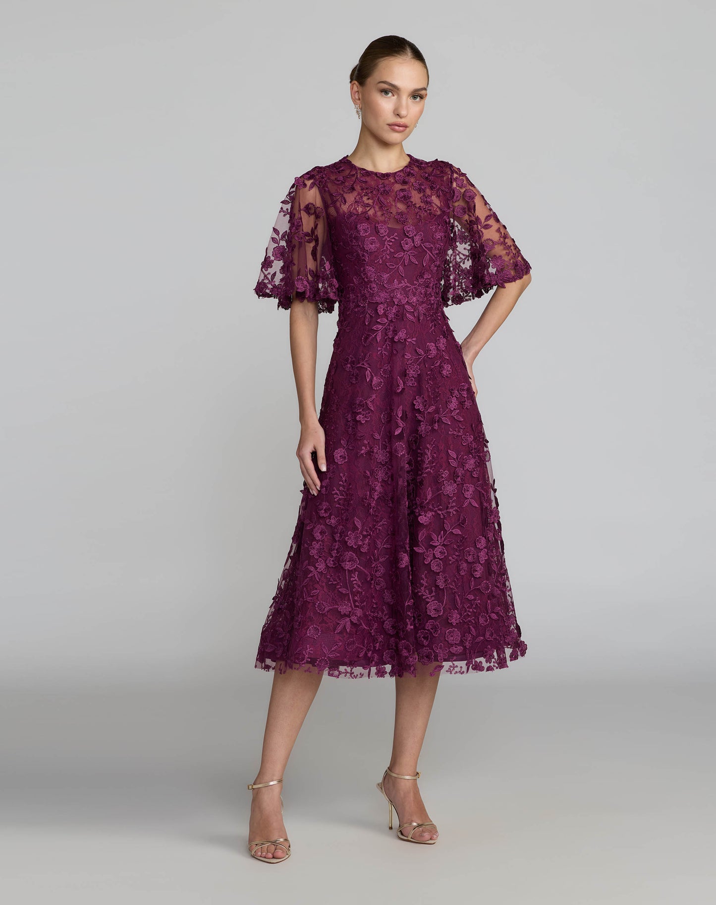 Purple Flutter Sleeve Embroidered Midi Dress Mac Duggal