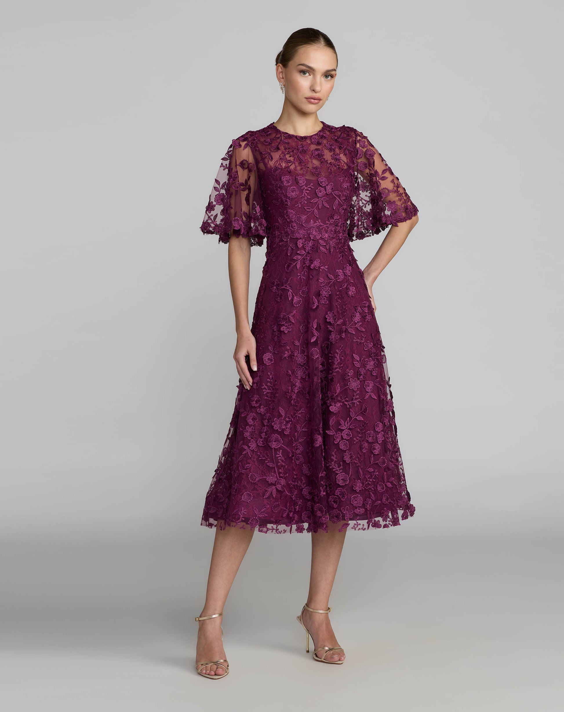 Purple Flutter Sleeve Embroidered Midi Dress Mac Duggal