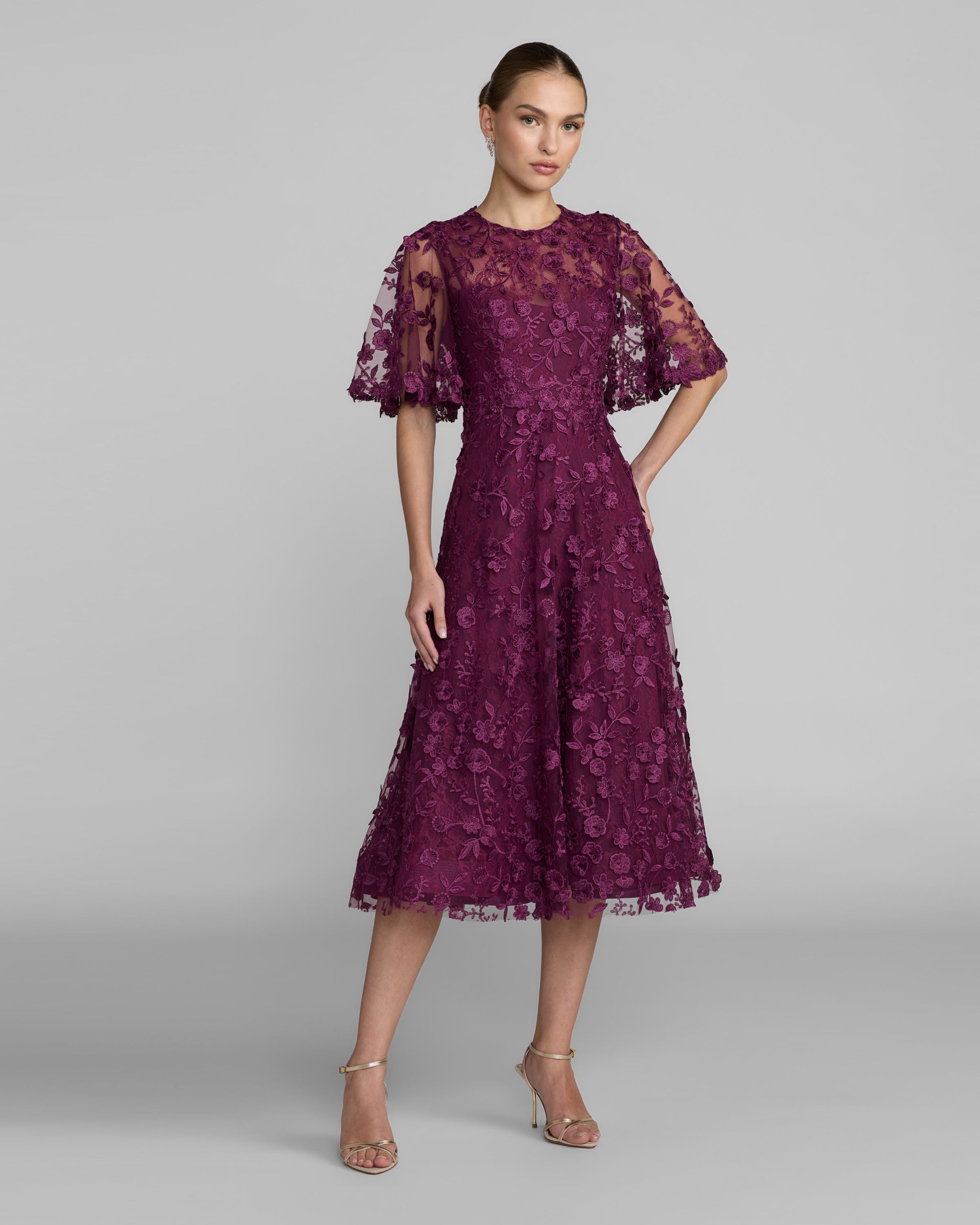 Purple Flutter Sleeve Embroidered Midi Dress Mac Duggal