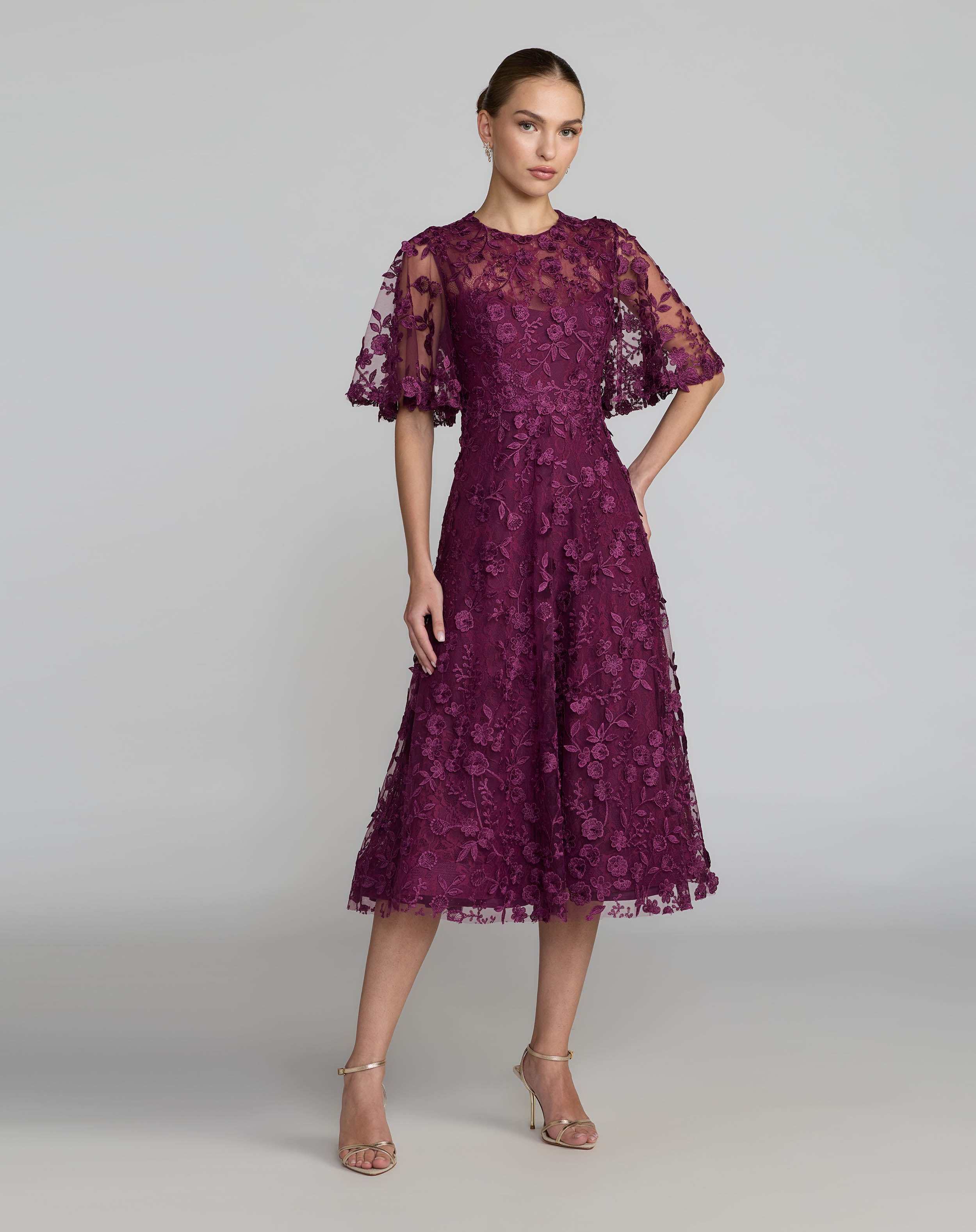 Purple Flutter Sleeve Embroidered Midi Dress Mac Duggal