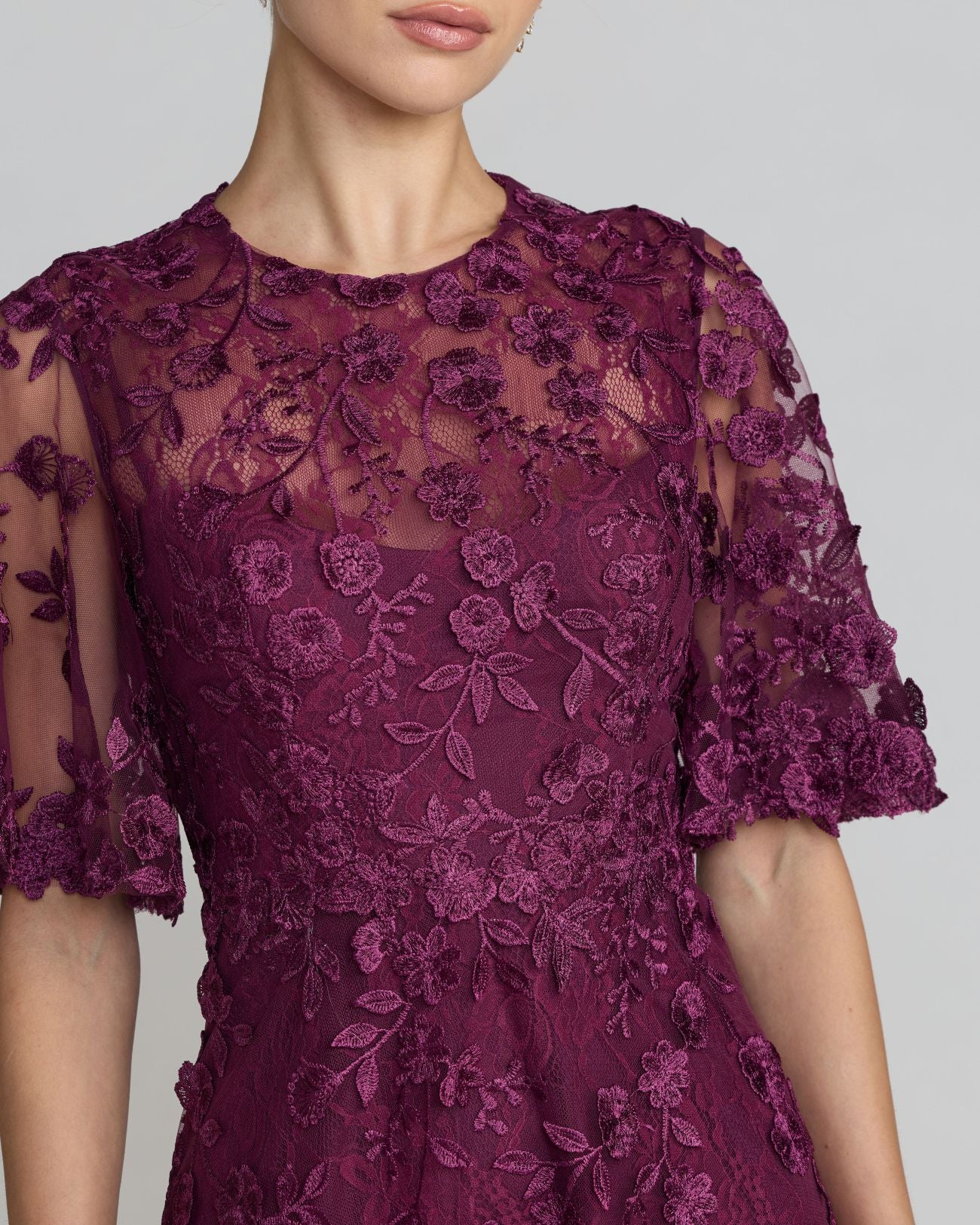 Purple Flutter Sleeve Embroidered Midi Dress Mac Duggal