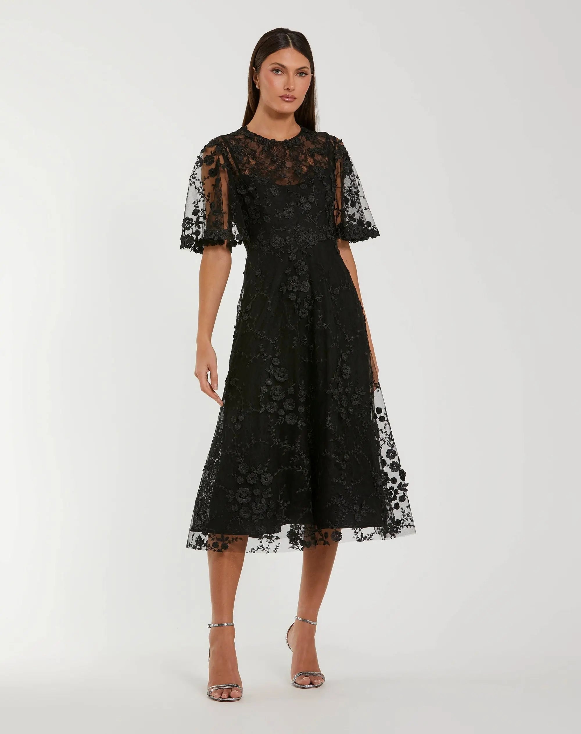 Floral Embroidered Mesh Midi Dress with Flutter Sleeves - Black,US 22