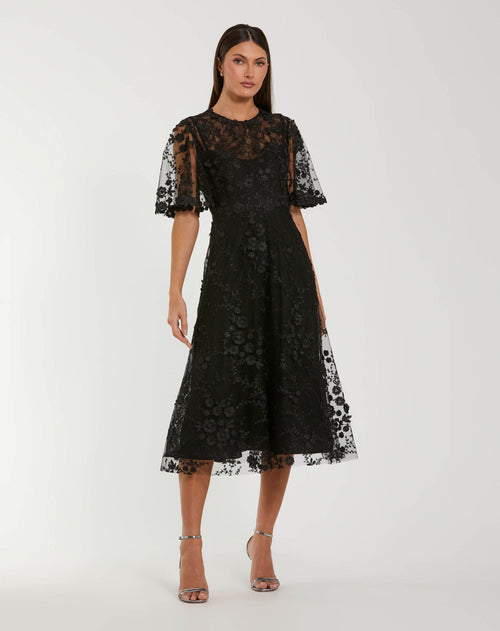 Black Flutter Sleeve Embroidered Midi Dress -Mac Duggal