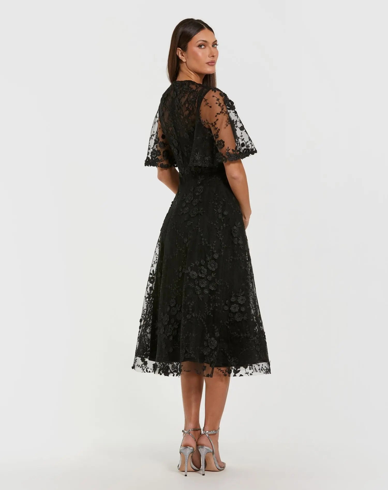Black Flutter Sleeve Embroidered Midi Dress Mac Duggal