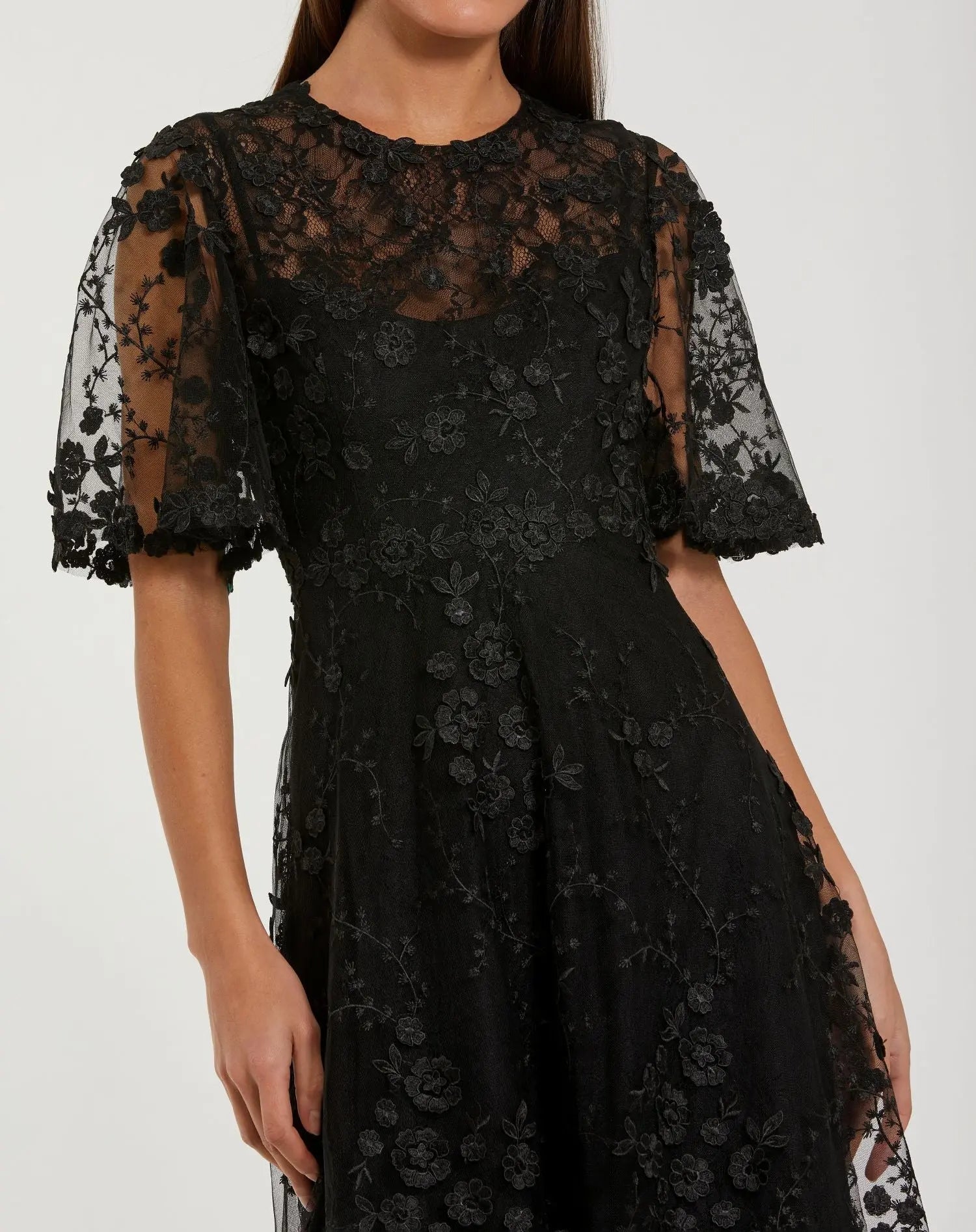 Black Flutter Sleeve Embroidered Midi Dress
