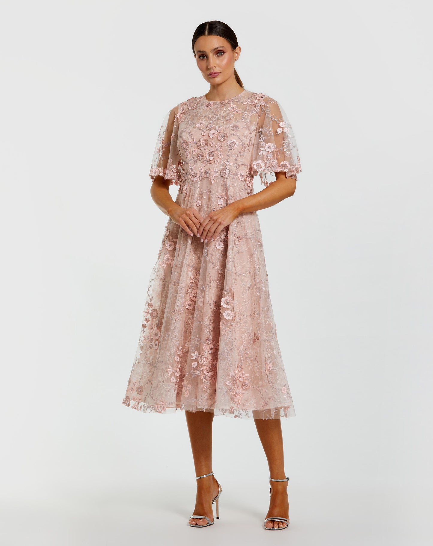 Pink Flutter Sleeve Embroidered Midi Dress Mac Duggal