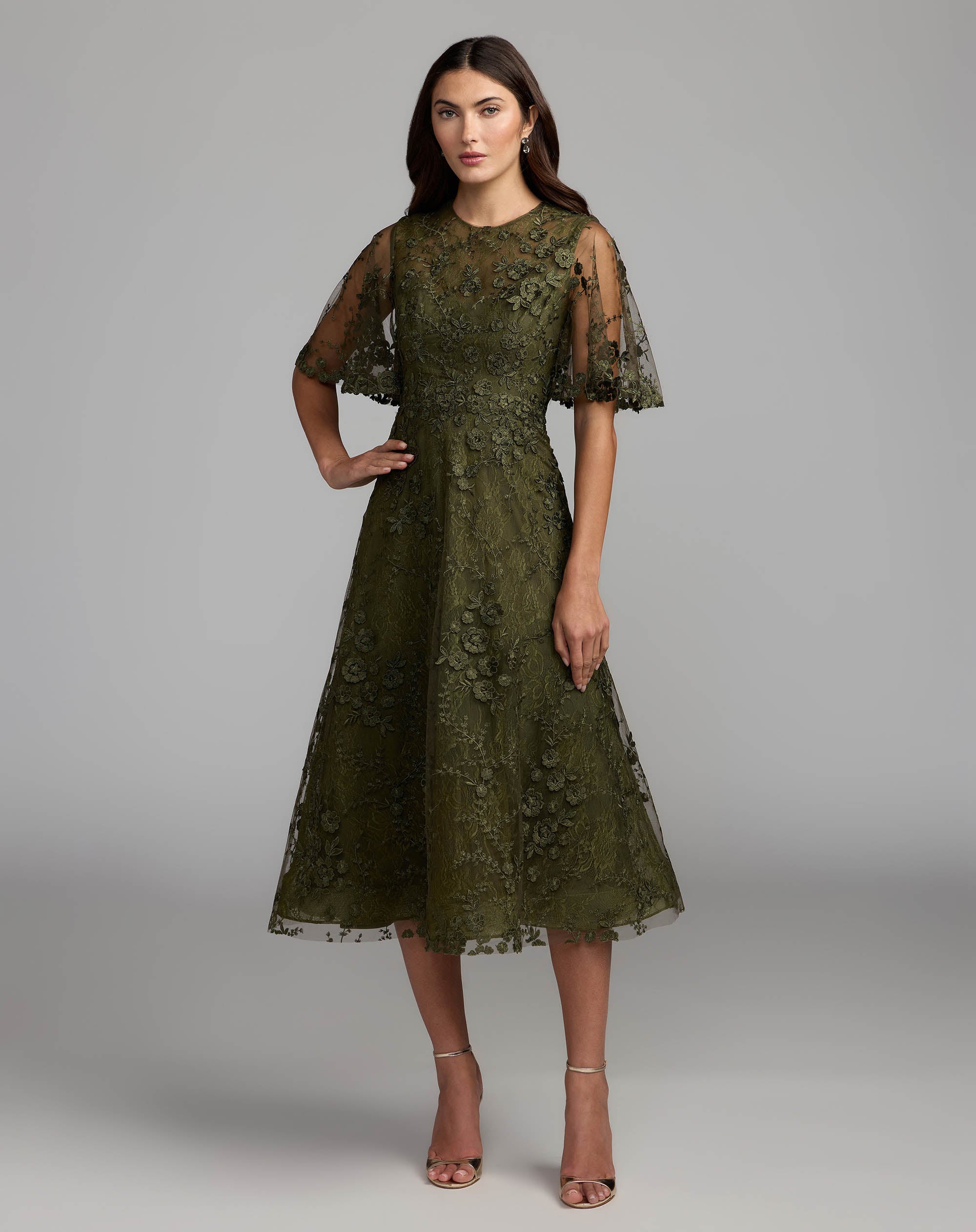 Deep Green Flutter Sleeve Embroidered Midi Dress Mac Duggal