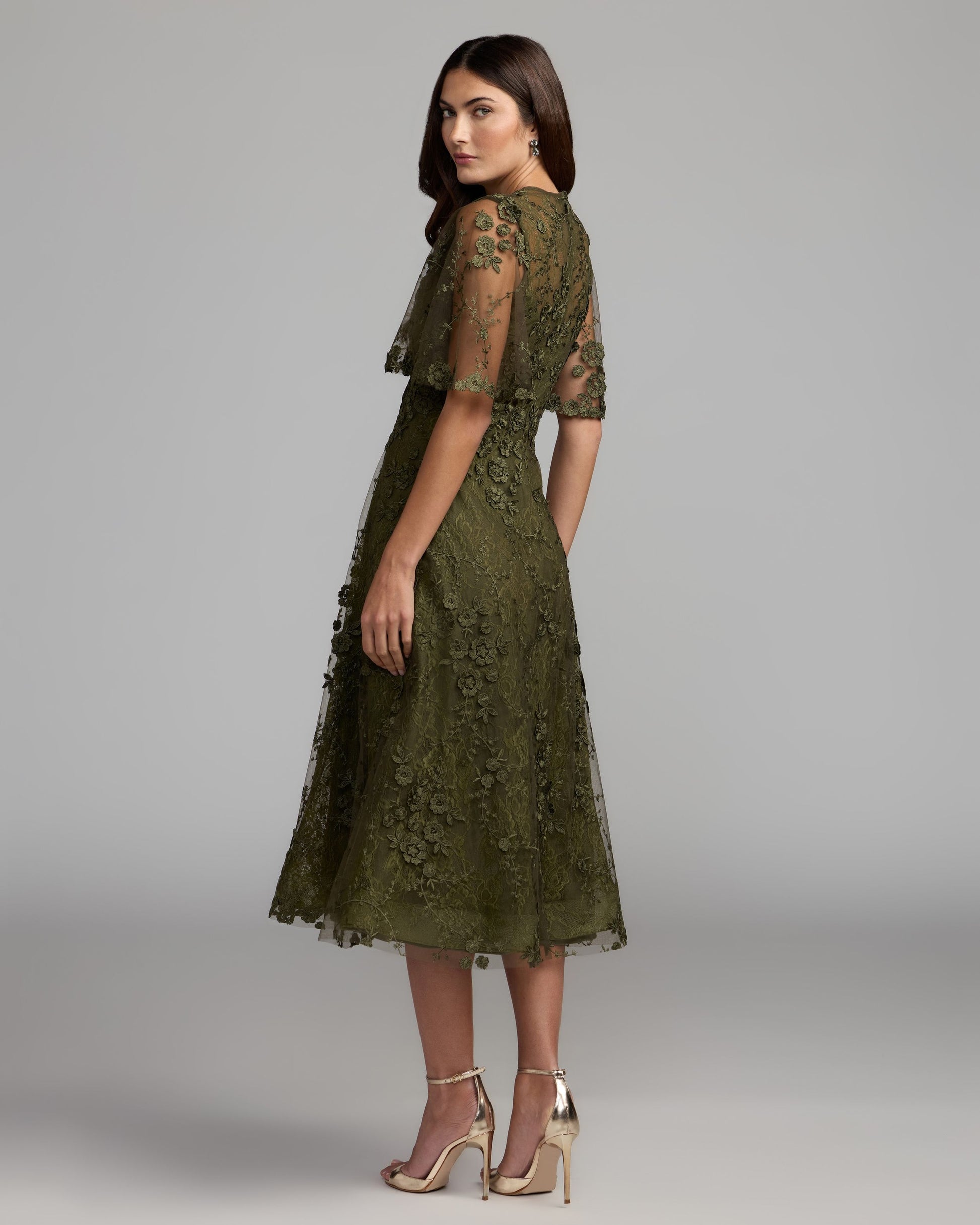 Deep Green Flutter Sleeve Embroidered Midi Dress
