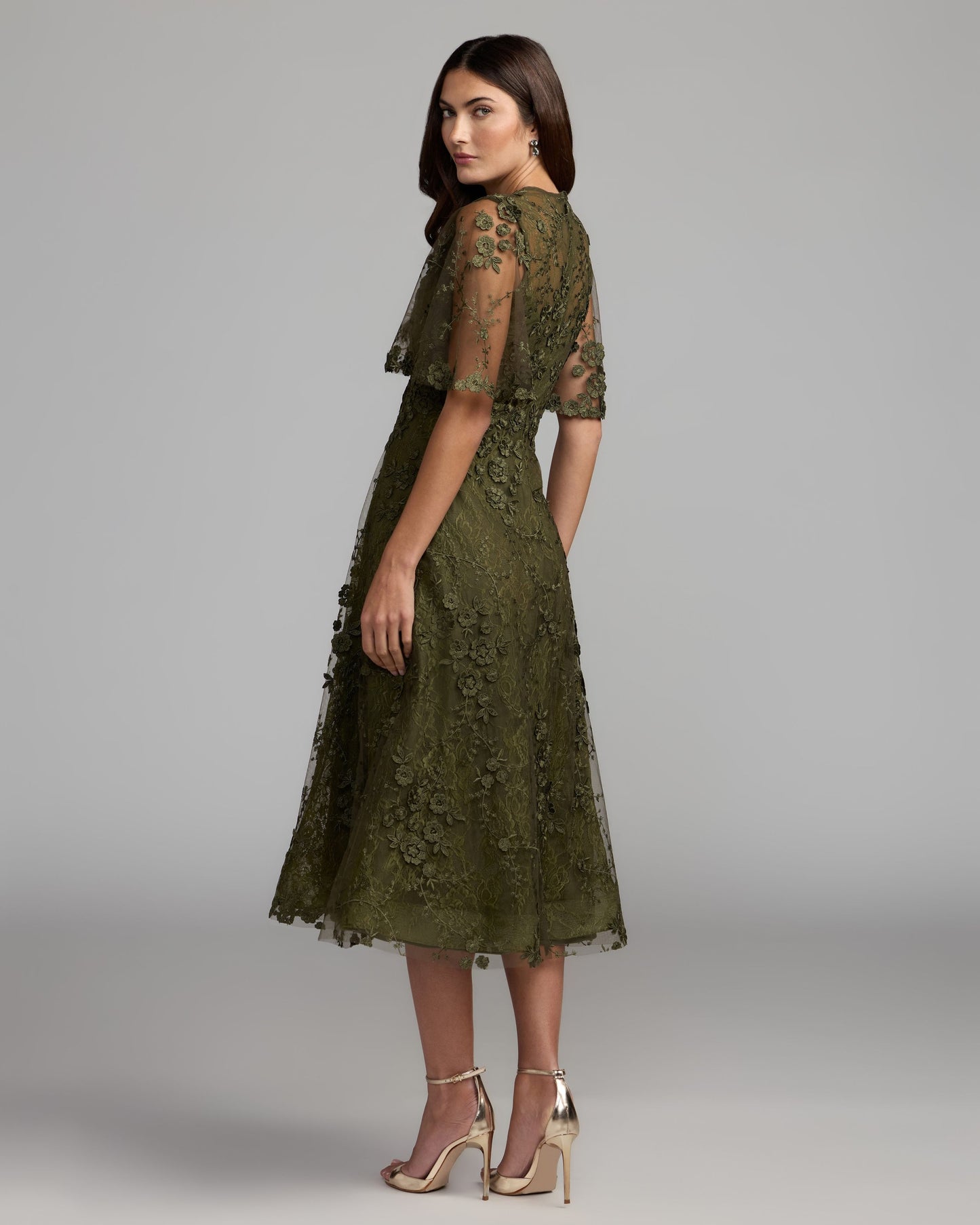 Deep Green Flutter Sleeve Embroidered Midi Dress Mac Duggal