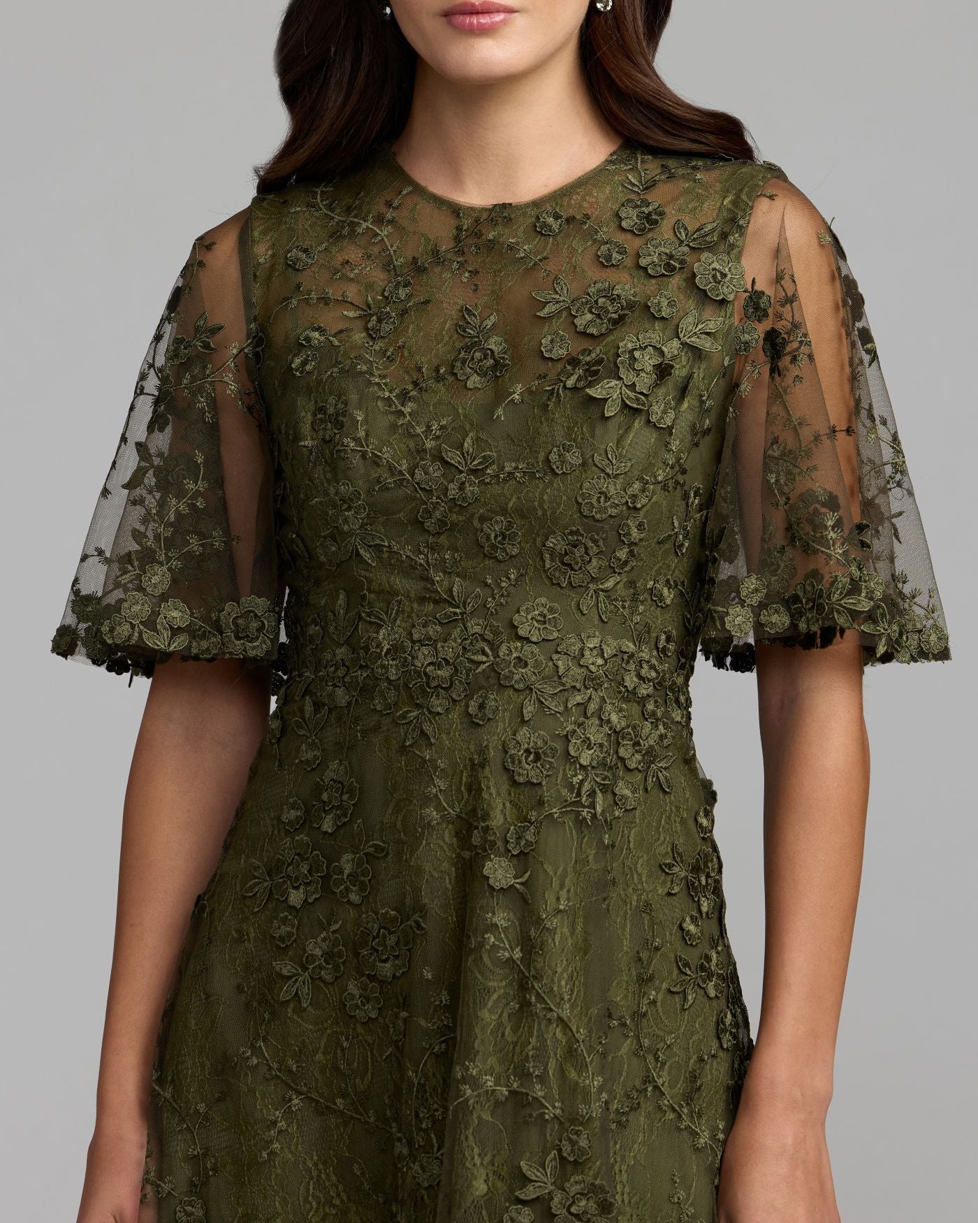 Deep Green Flutter Sleeve Embroidered Midi Dress Mac Duggal