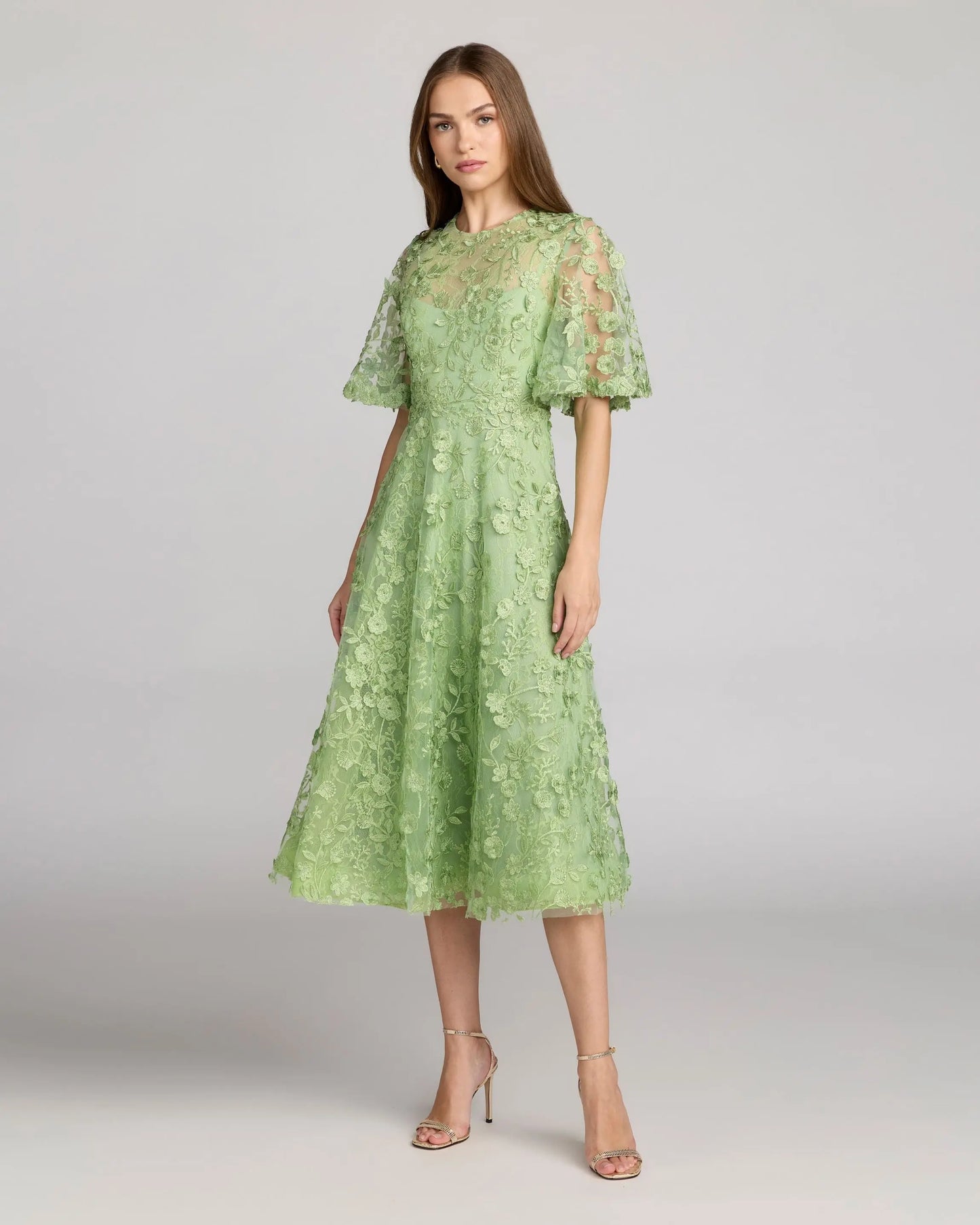 Green Flutter Sleeve Embroidered Midi Dress Mac Duggal
