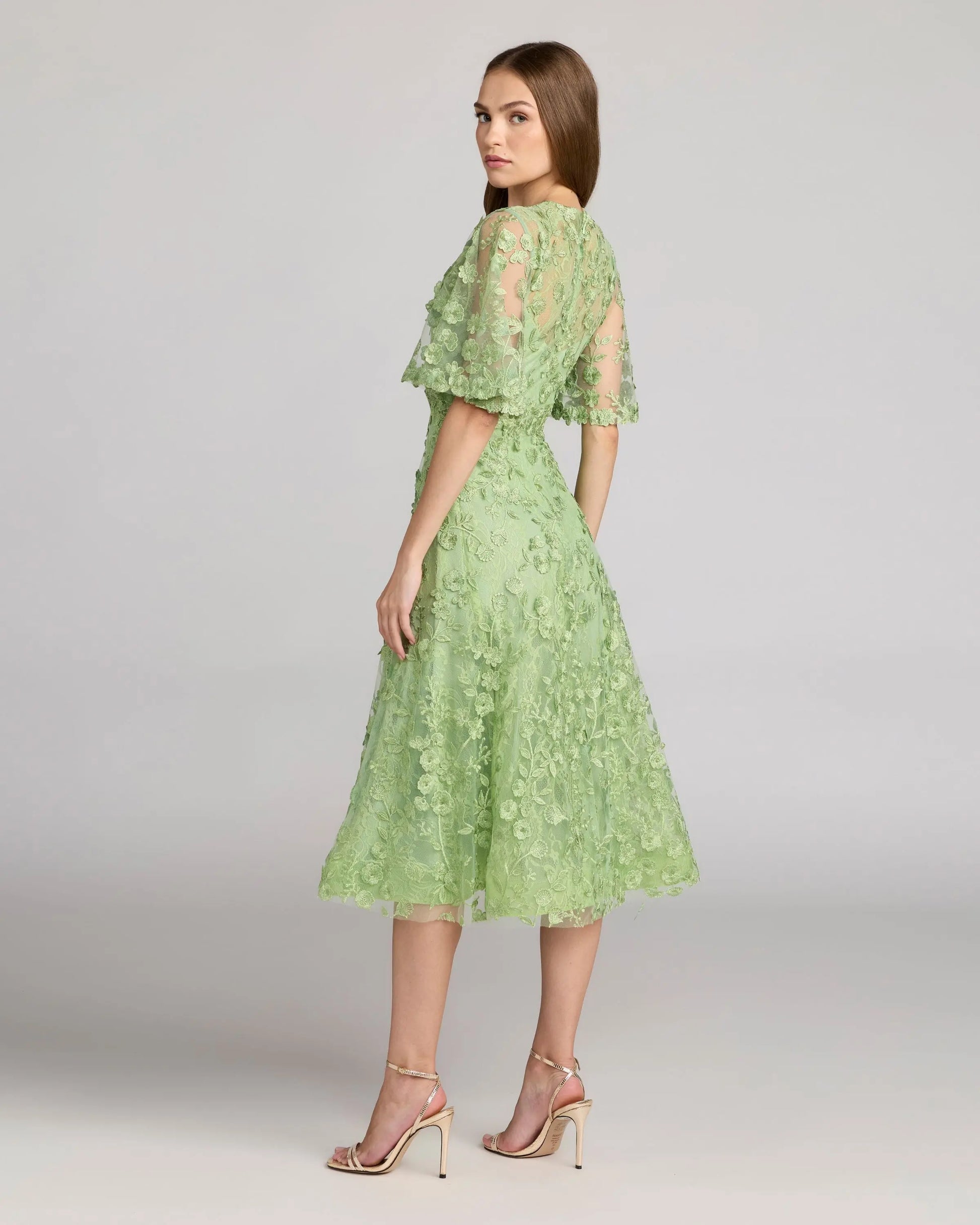 Green Flutter Sleeve Embroidered Midi Dress Mac Duggal